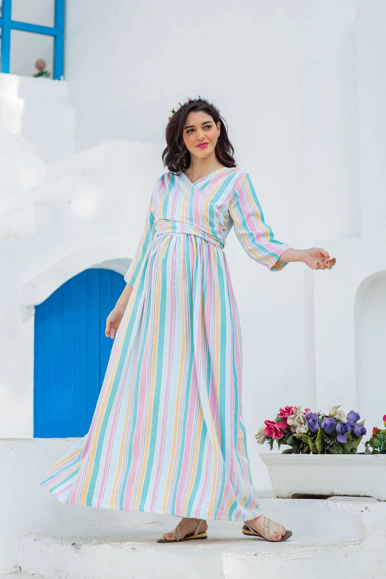 Pastel Striped Maternity & Nursing Wrap Dress - Chenance