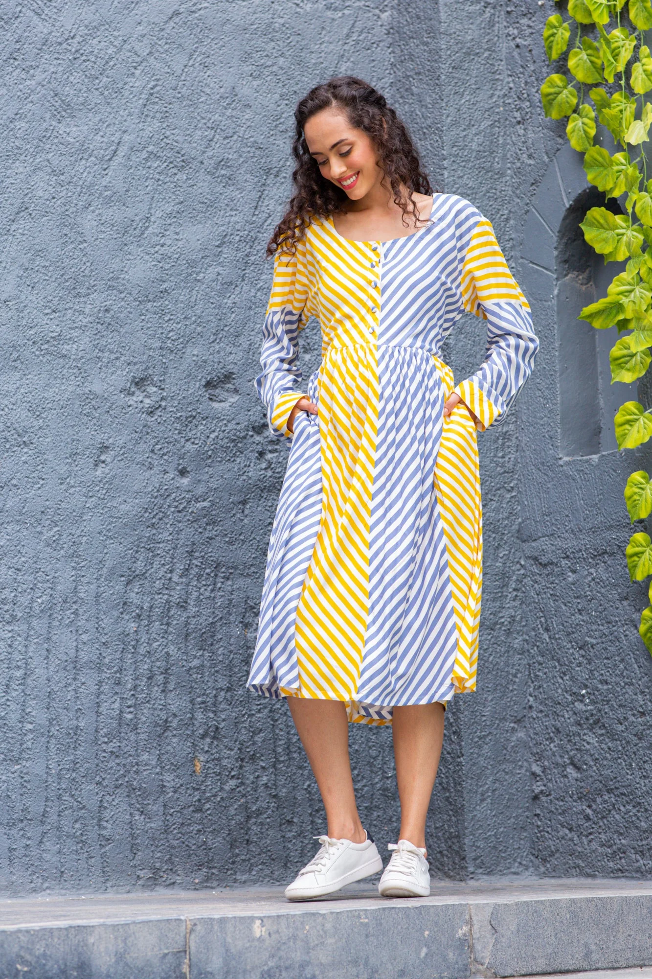 Slate Yellow Striped Maternity & Nursing Dress (100% Cotton) - Chenance
