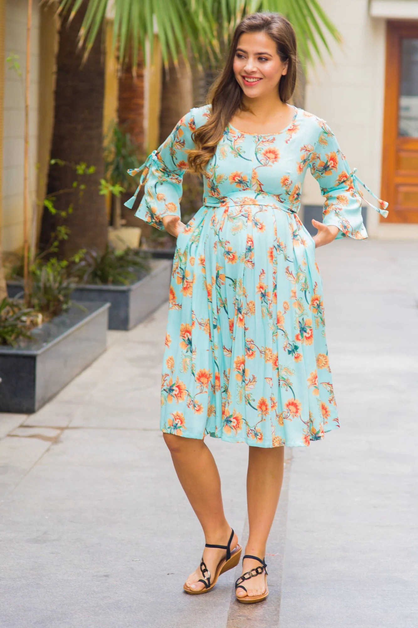 Sky Blue Paisley Tie Maternity & Nursing Dress - Chenance