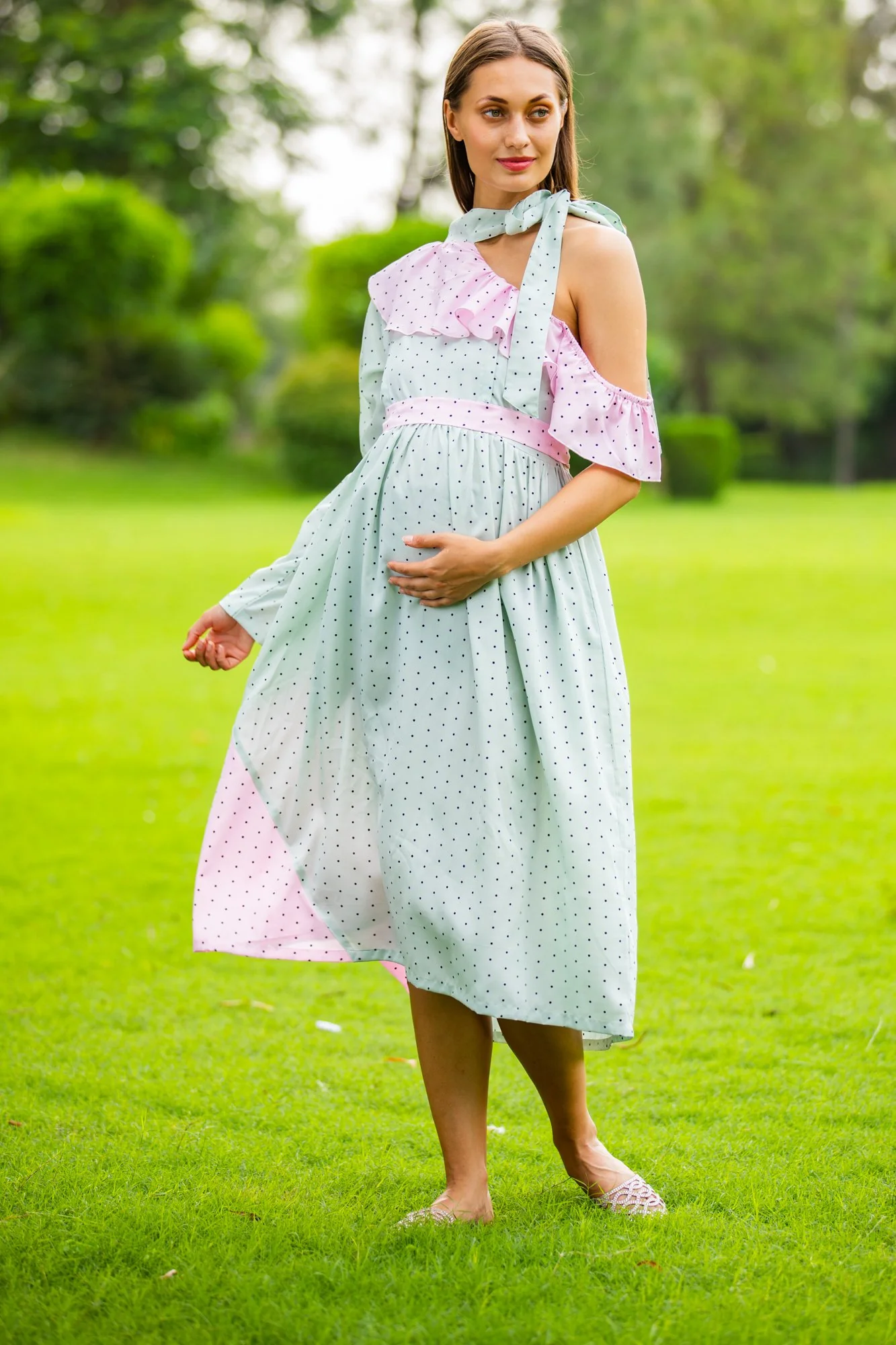 Mint Blush Polka Neck Tie Maternity & Nursing Dress - Chenance