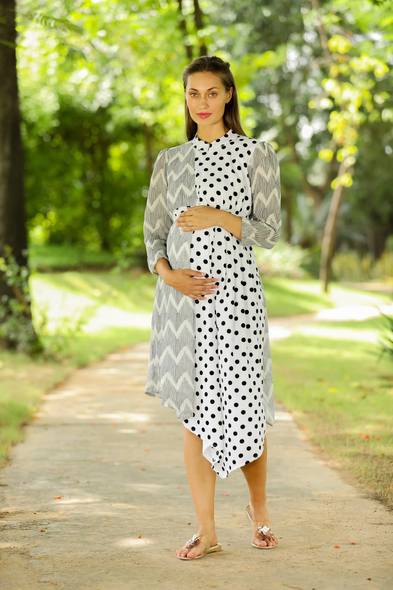 Asymmetrical Zig-Zag High Neck Maternity & Nursing Dress - Chenance