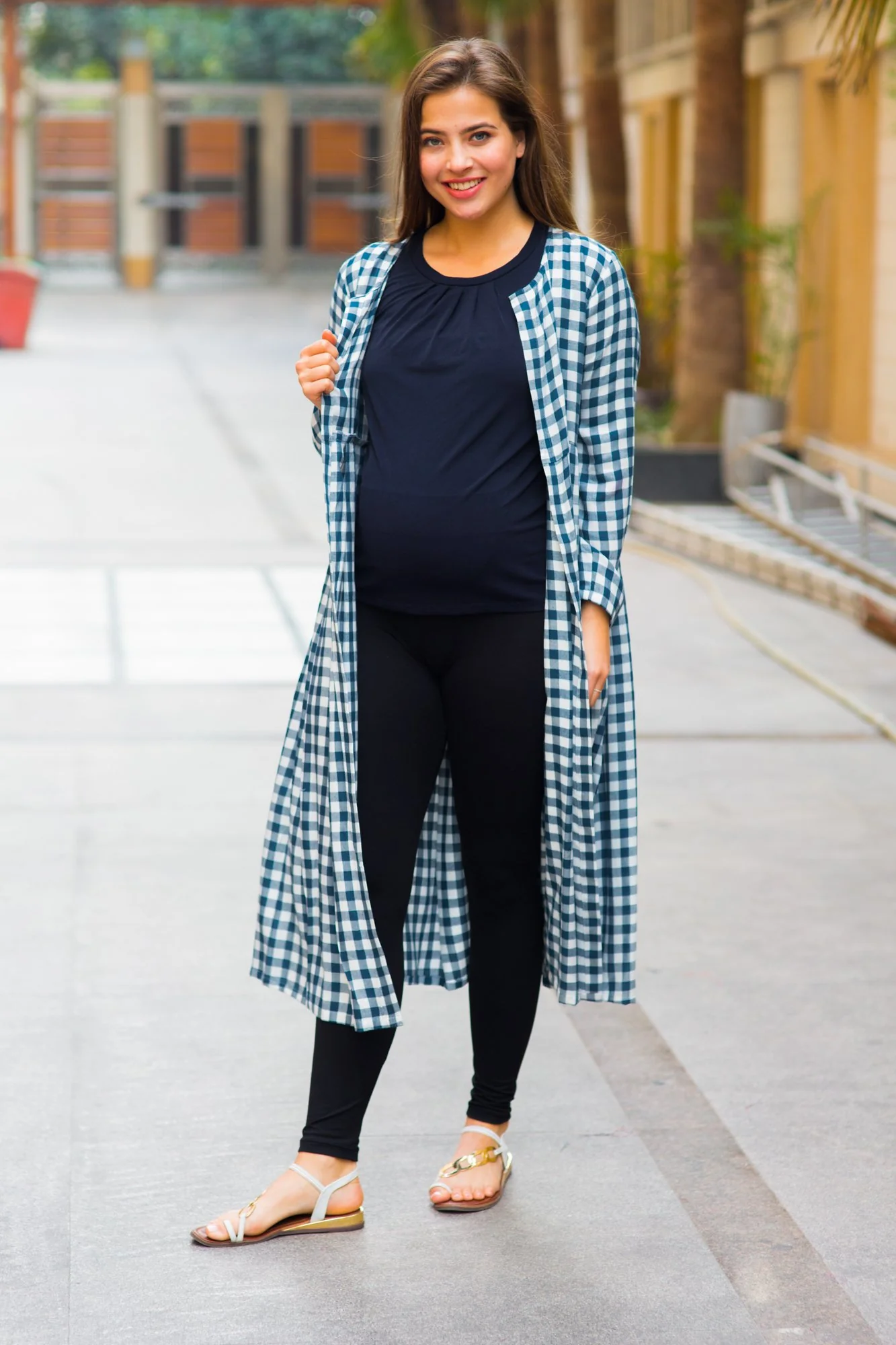Azure Gathered Plaid Maternity Cover Up - Chenance
