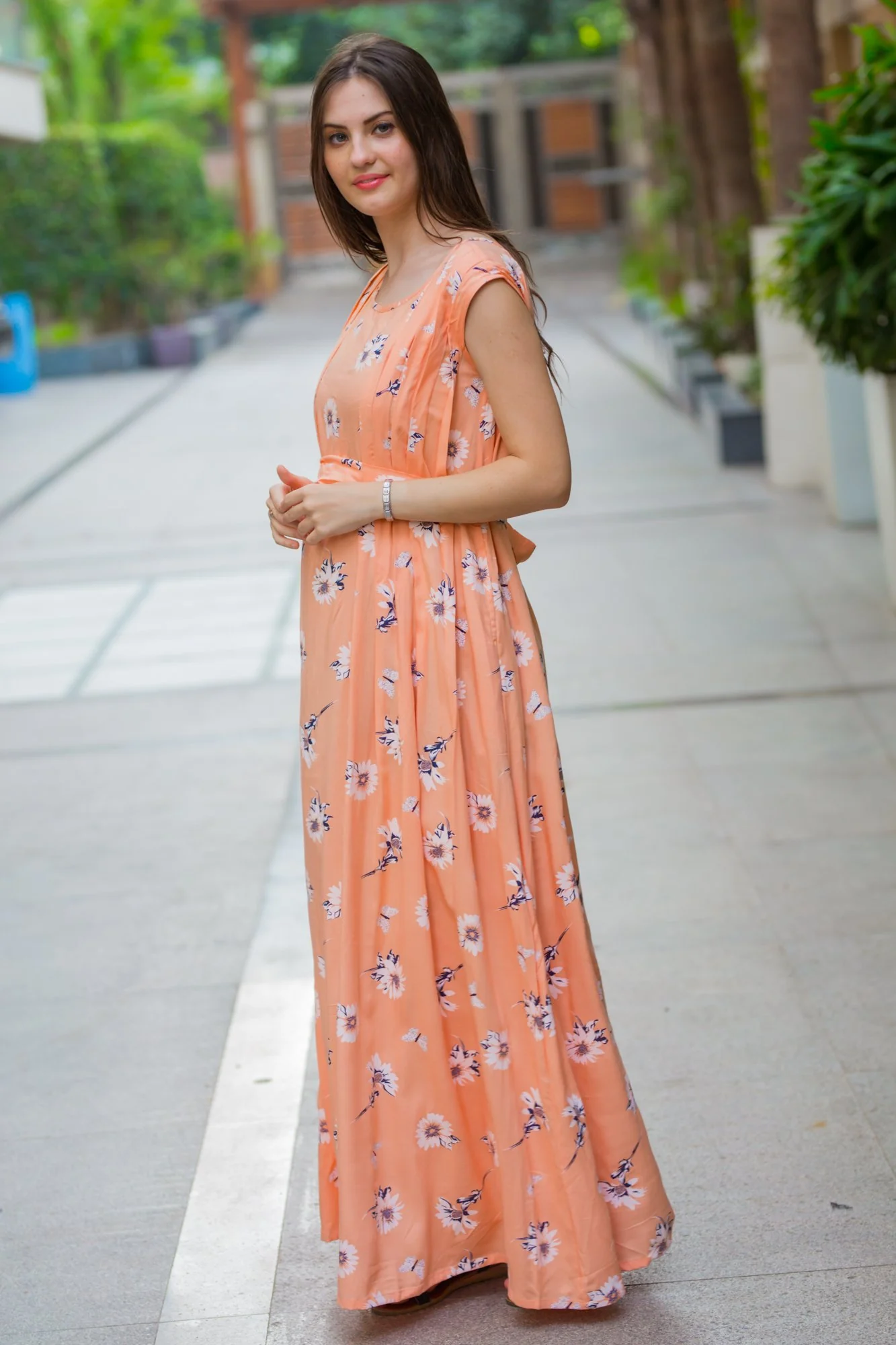 Soft Peach Flair Maternity & Nursing Dress - Chenance