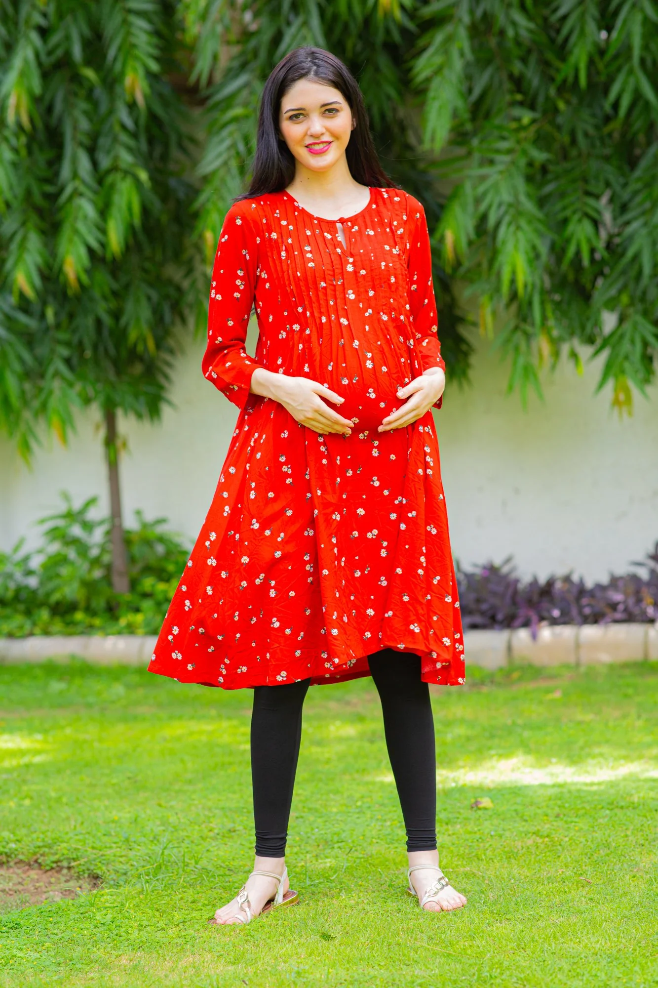 Crimson Red Maternity & Nursing Pintucks Dress - Chenance