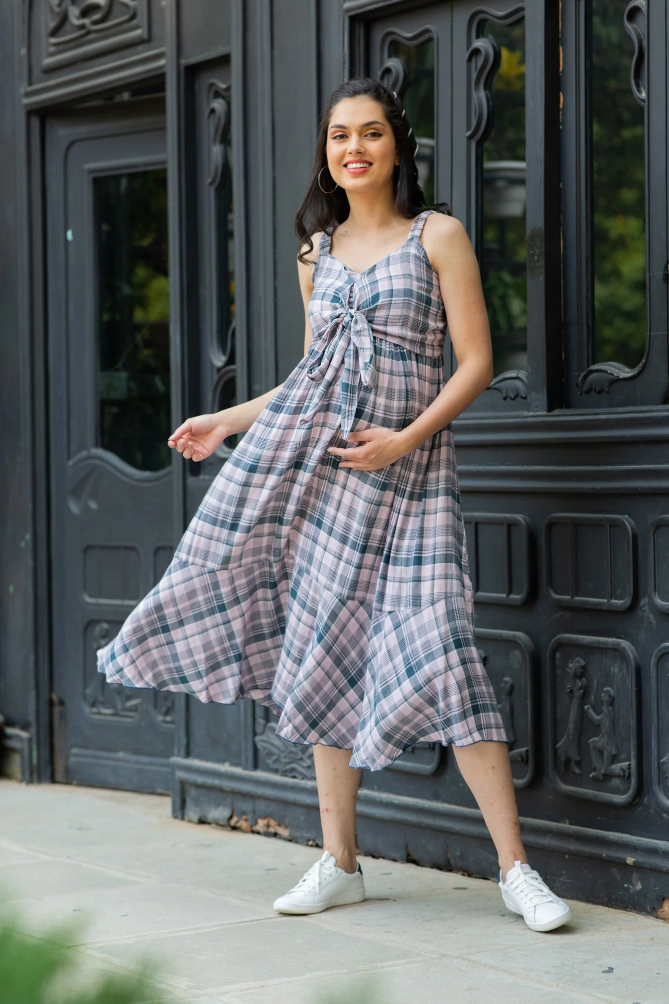 Arctic Plaid Dual Bow Maternity Dress - Chenance