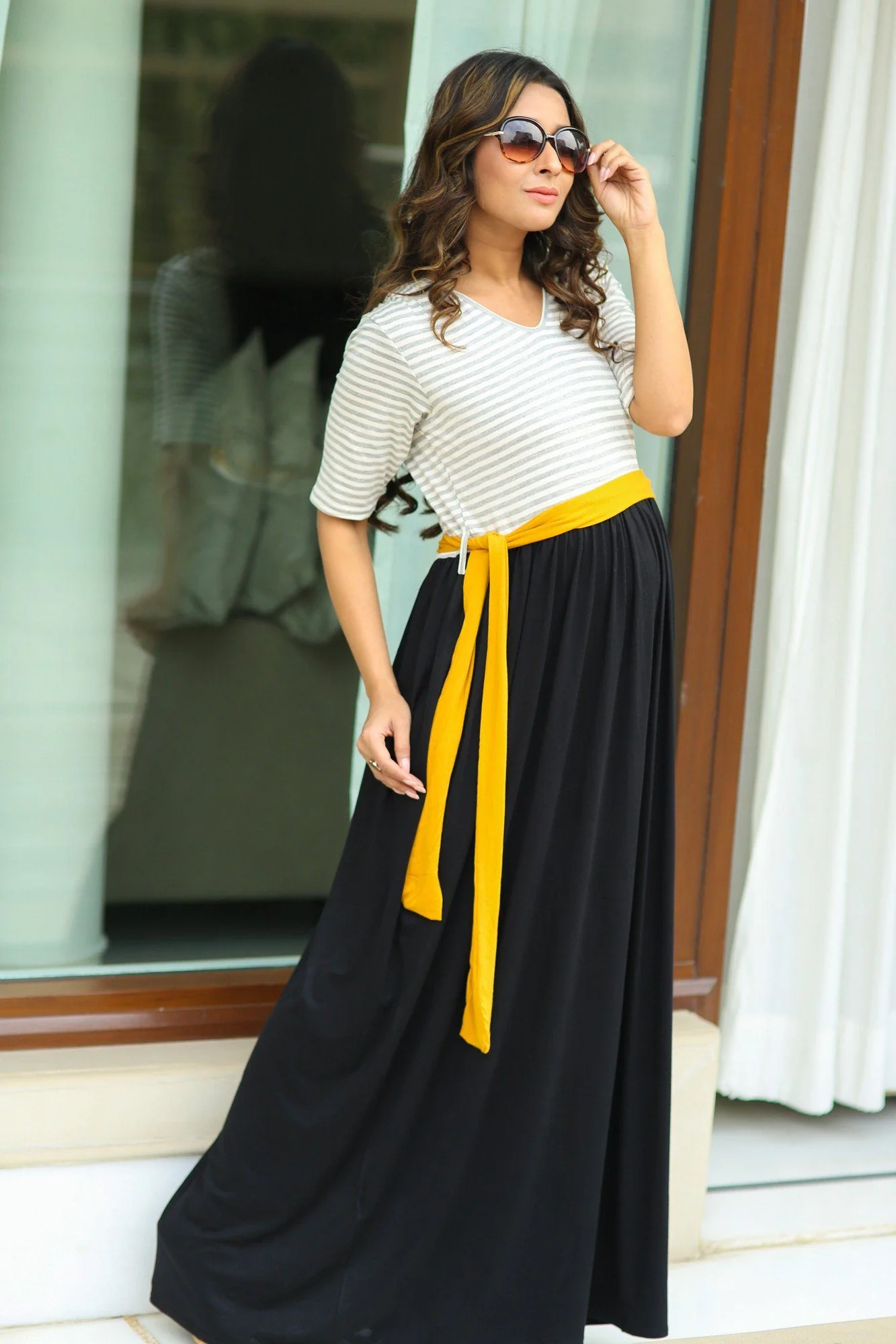 Striped Contrast Gathered Maternity Maxi Dress - Chenance