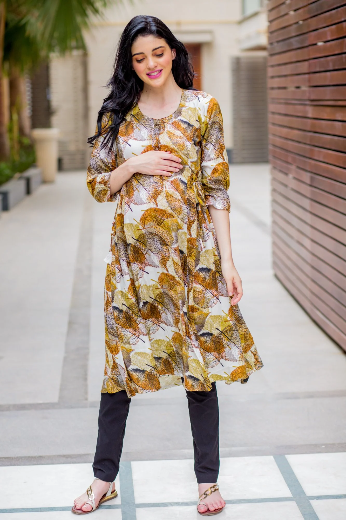 Cinnamon Leafy Maternity & Nursing Side Tie Kurta Dress - Chenance