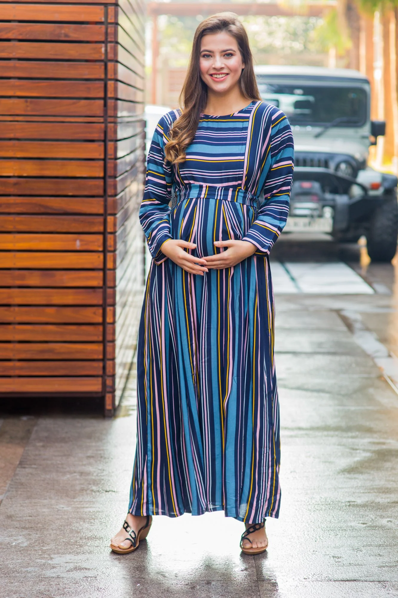 Azure & Peach Soft Viscose Maternity & Nursing Maxi Dress - Chenance