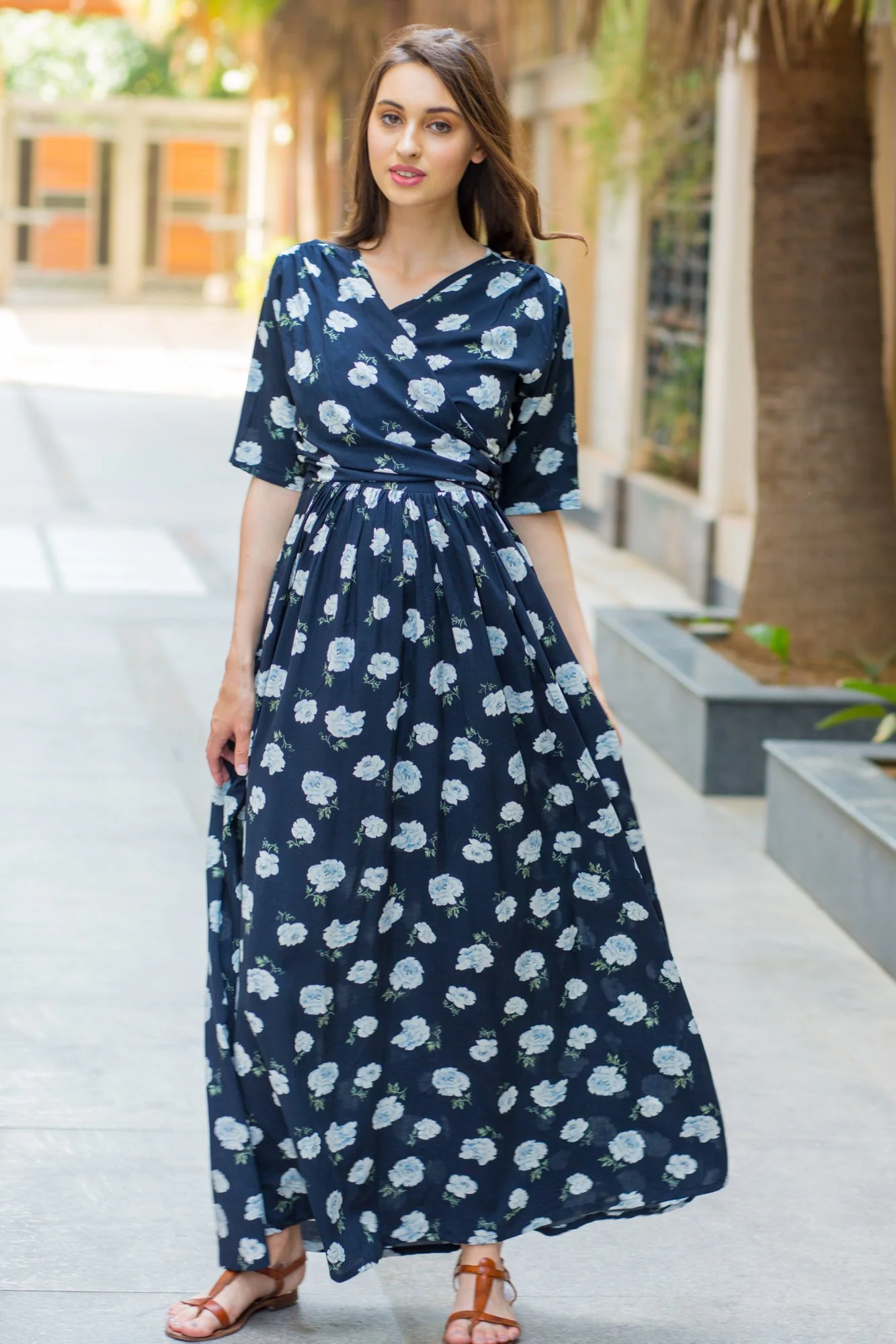 Navy White Blossom Maternity & Nursing Wrap Dress - Chenance