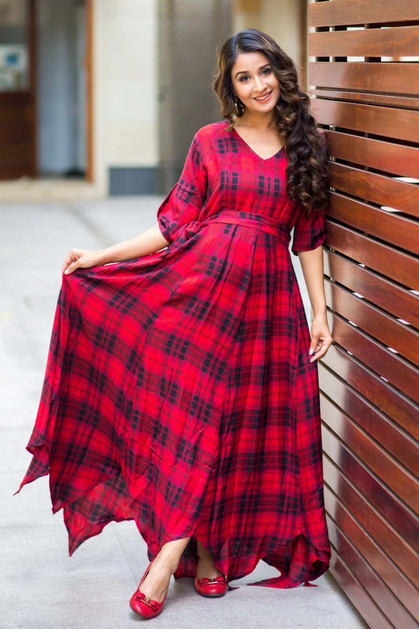 Classic Red Plaid Maternity & Nursing Maxi Dress - Chenance