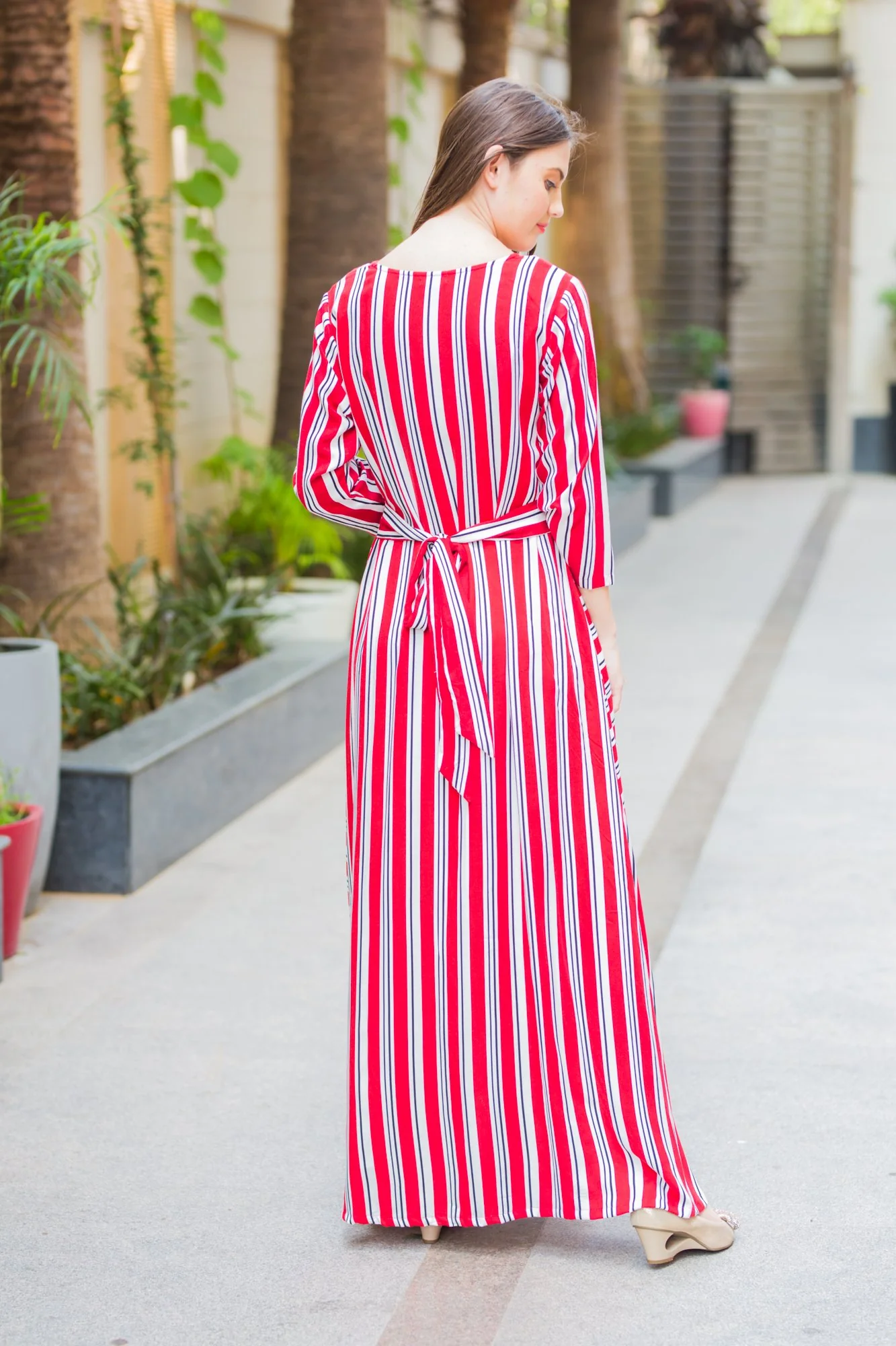 Crimson Striped Maternity and Nursing Maxi Dress - Chenance