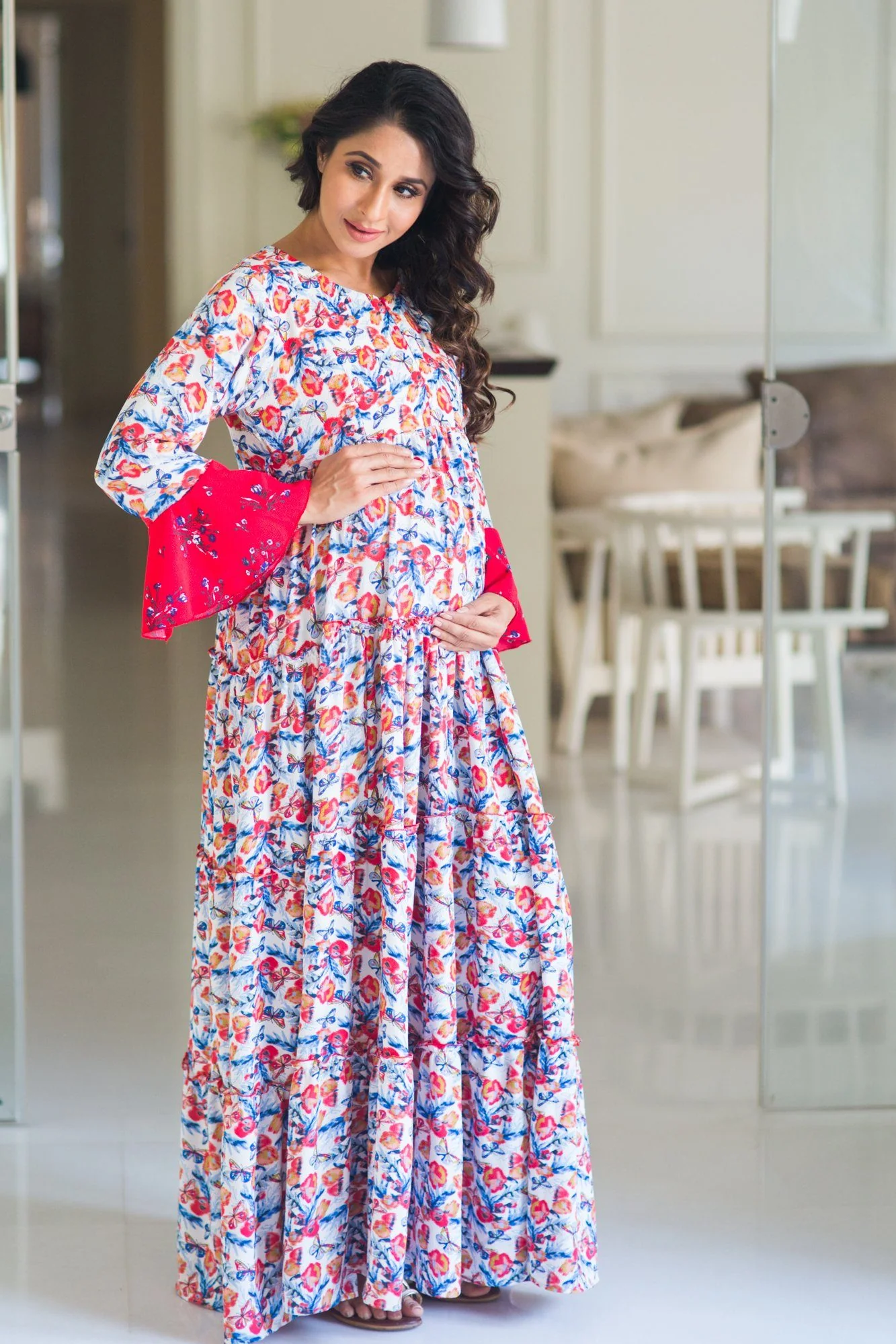 Multilayer White Boho Flowerbomb Single Zip Maternity & Nursing Dress - Chenance