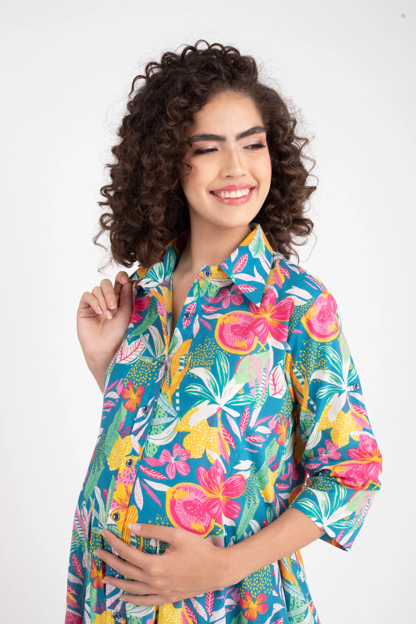 Swing Iris Blue Maternity & Nursing Shirt Dress (100% Cotton) - Chenance