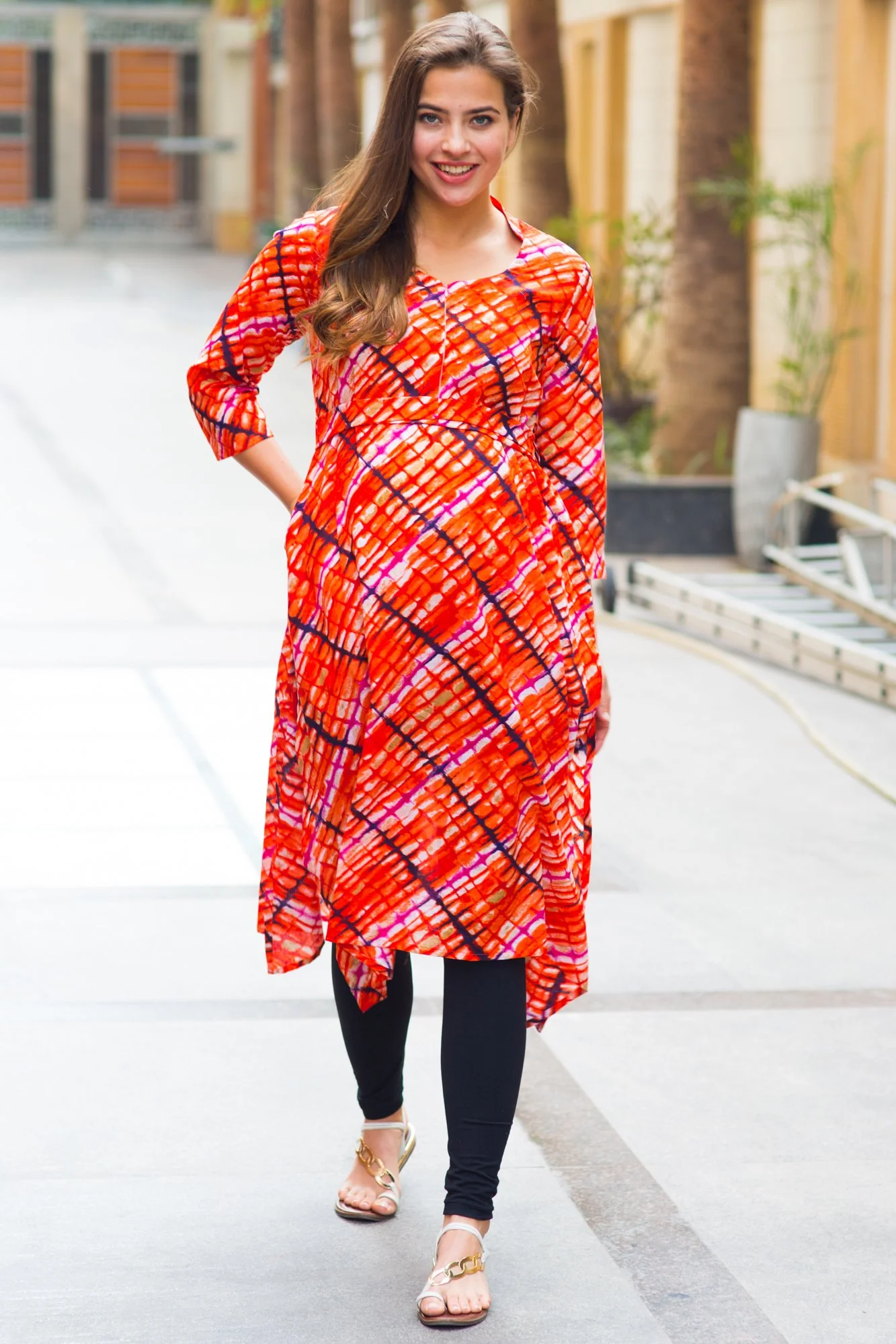 Abstract Saffron Cotton Maternity & Nursing Kurta - Chenance