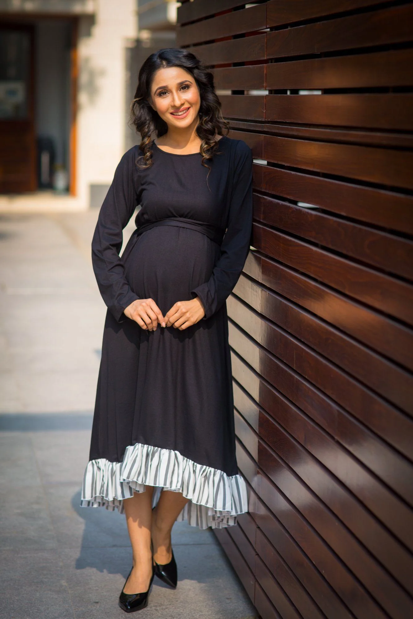 Classic Black Lycra High-Low Frill Maternity Dress - Chenance