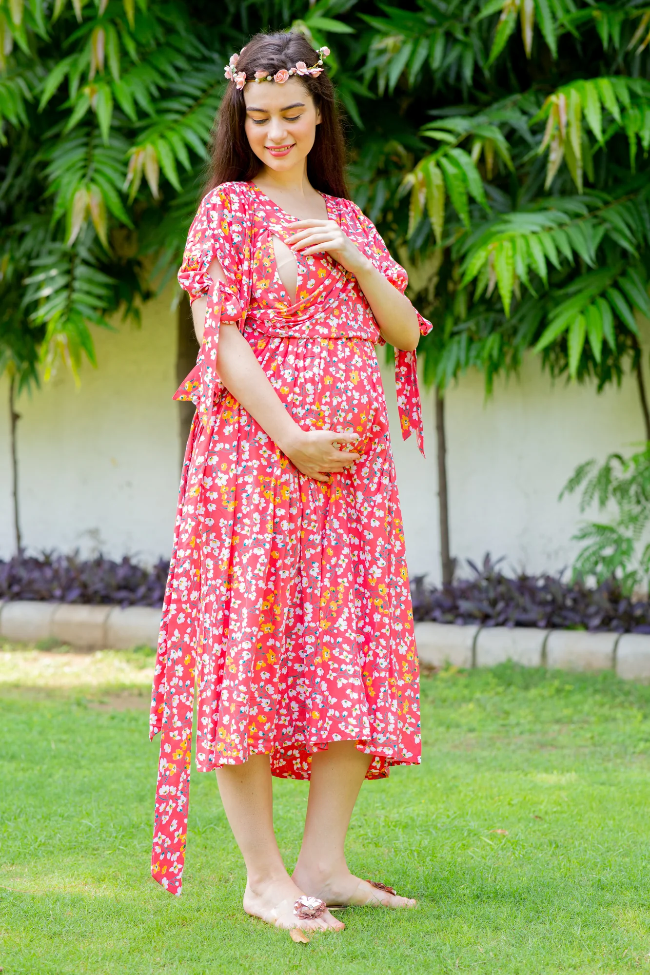Strawberry Red Maternity & Nursing Midi Wrap Dress - Chenance