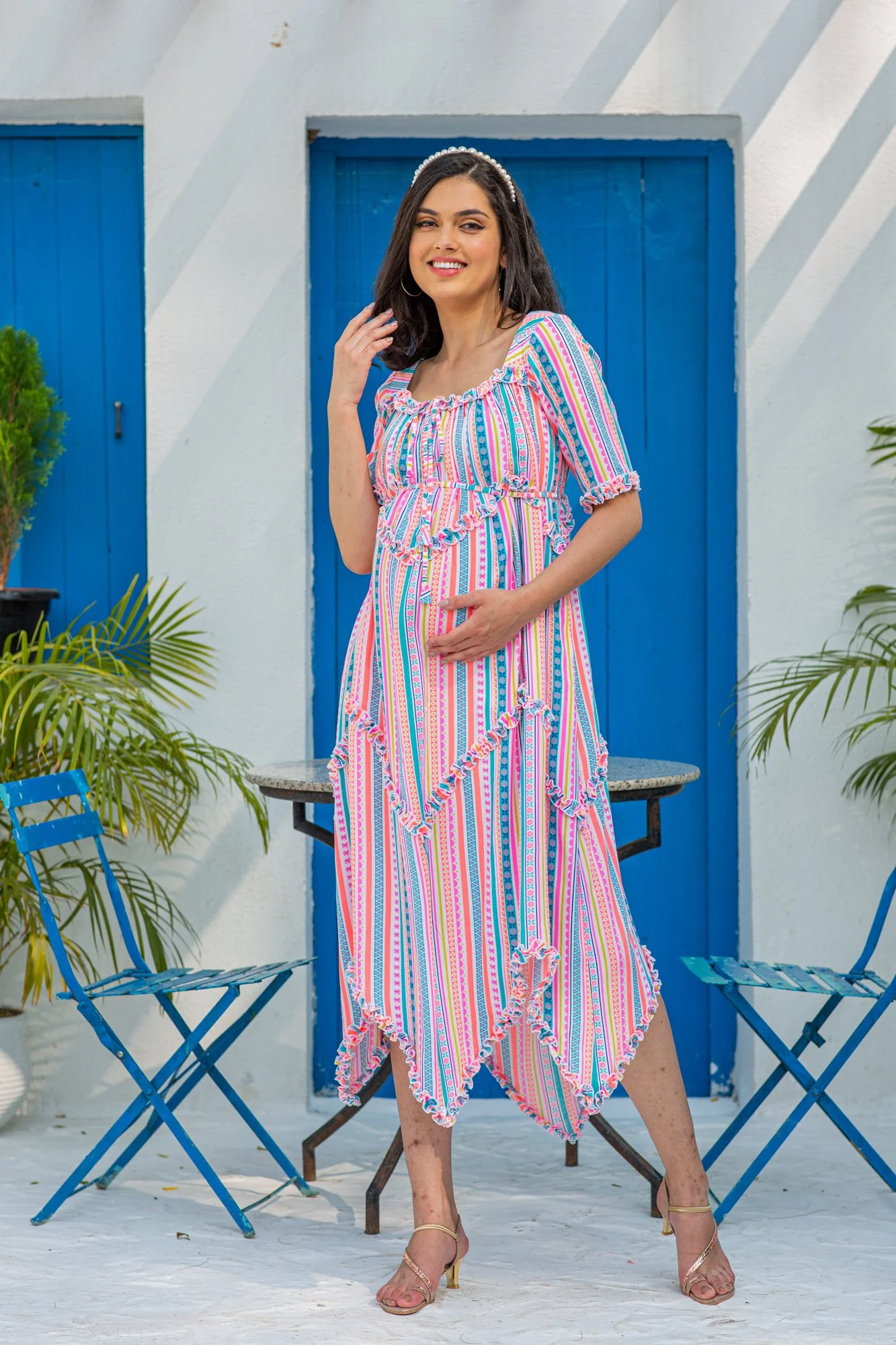 Angelic Vibrant Striped Long Maternity & Nursing Dress - Chenance