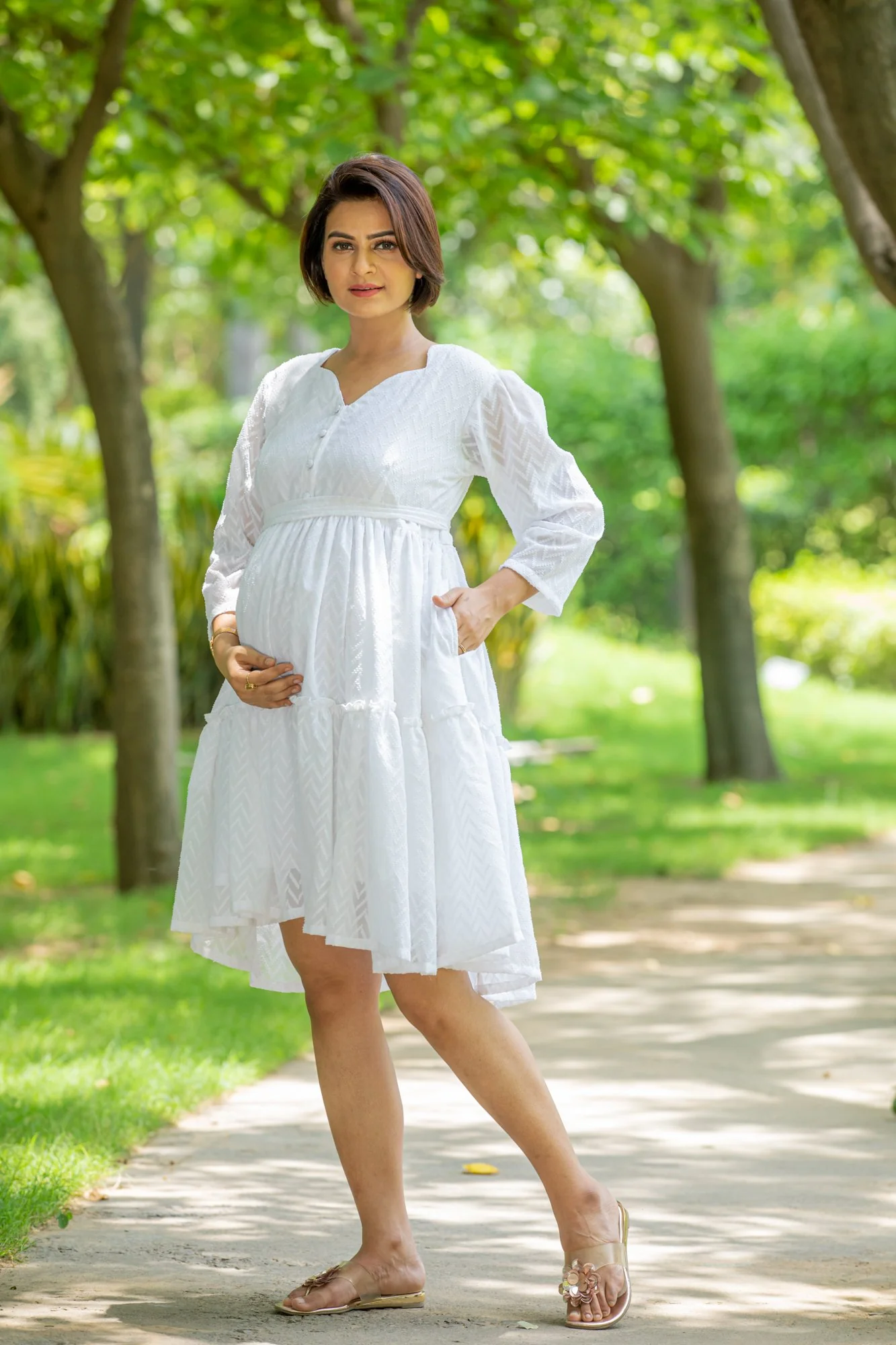 Angelic White Sweetheart Maternity & Nursing Flair Dress - Chenance