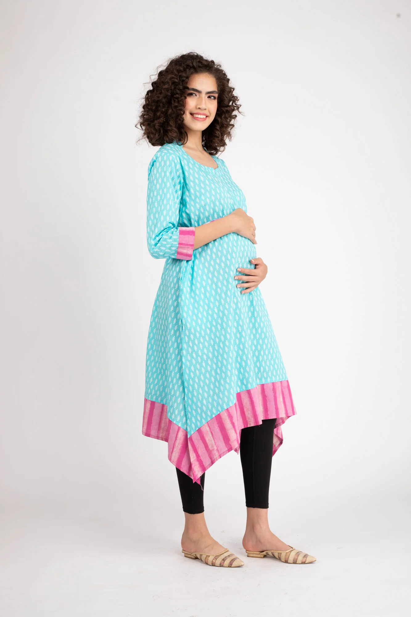 Turquoise Front Zip Nursing Kurta (100% Cotton) - Chenance