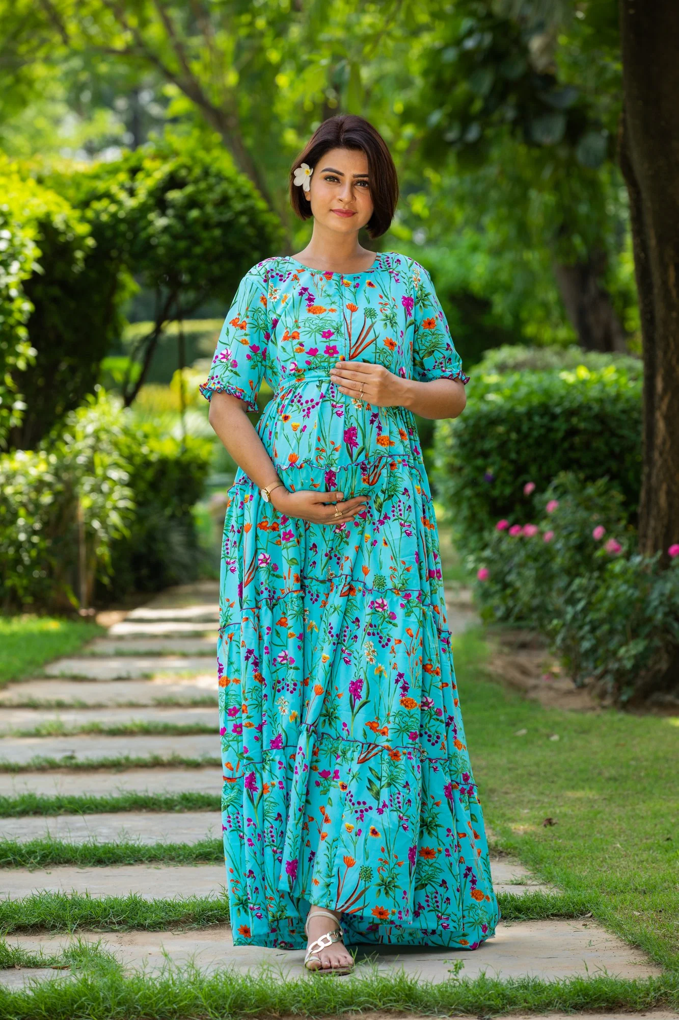 Teal Aqua Multilayer Frill Single Concealed Zip Maternity & Nursing Dress - Chenance