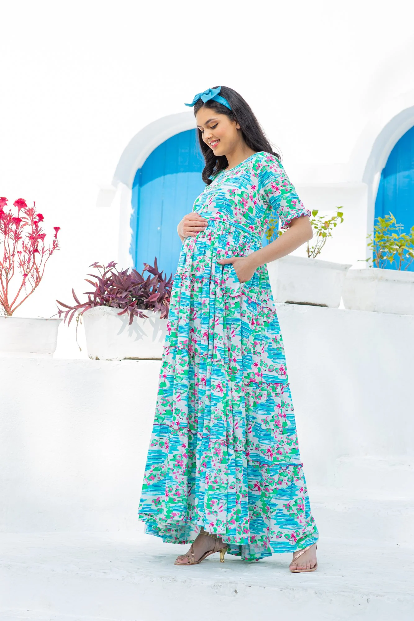 Arctic Blue Hawaii Frill Maternity & Nursing Dress - Chenance