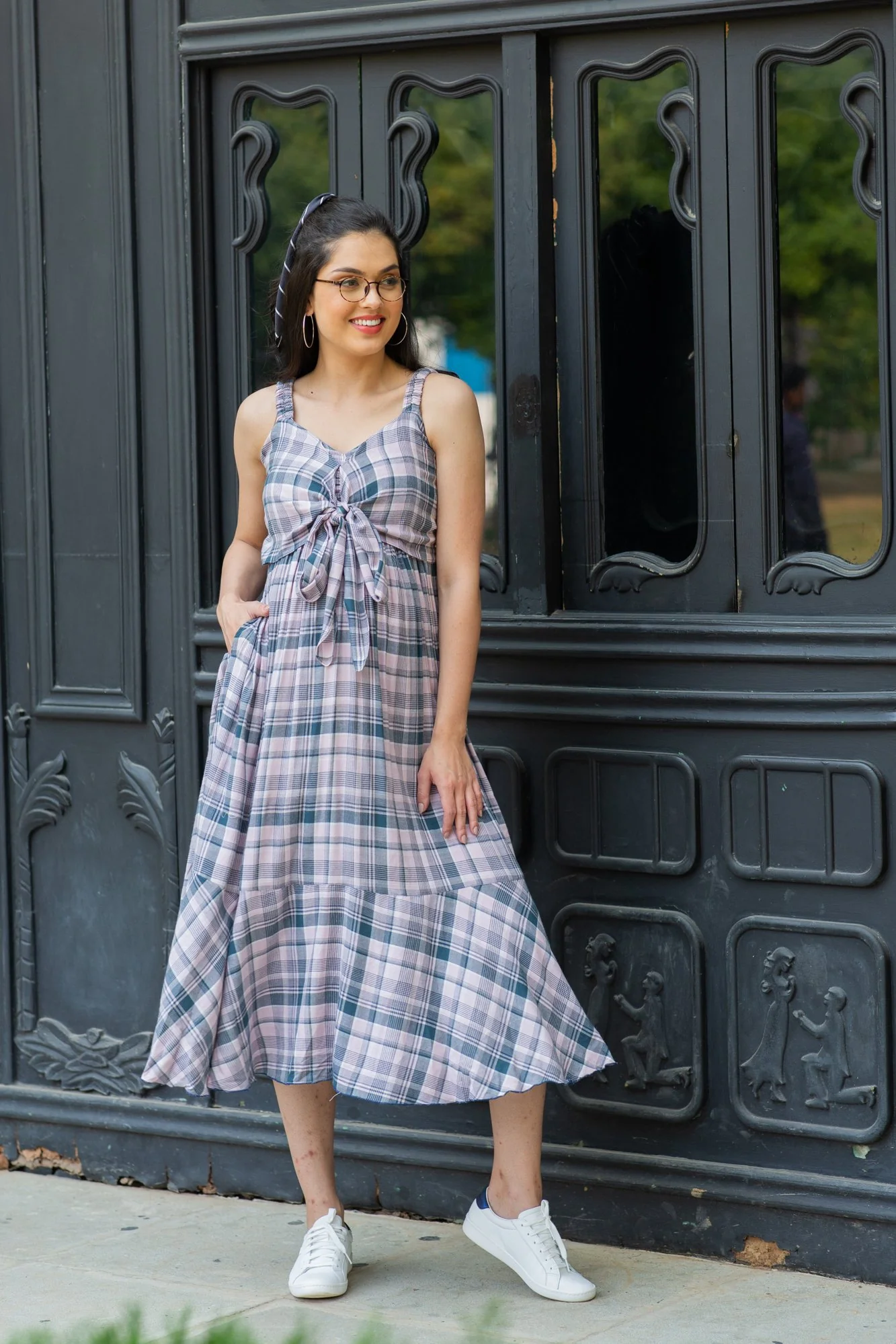 Arctic Plaid Dual Bow Maternity Dress - Chenance