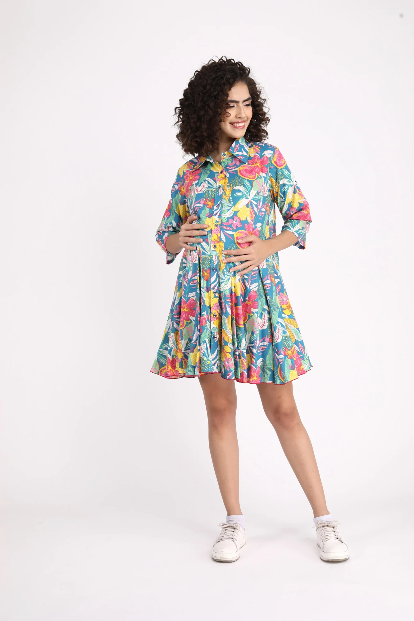 Swing Iris Blue Maternity & Nursing Shirt Dress (100% Cotton) - Chenance