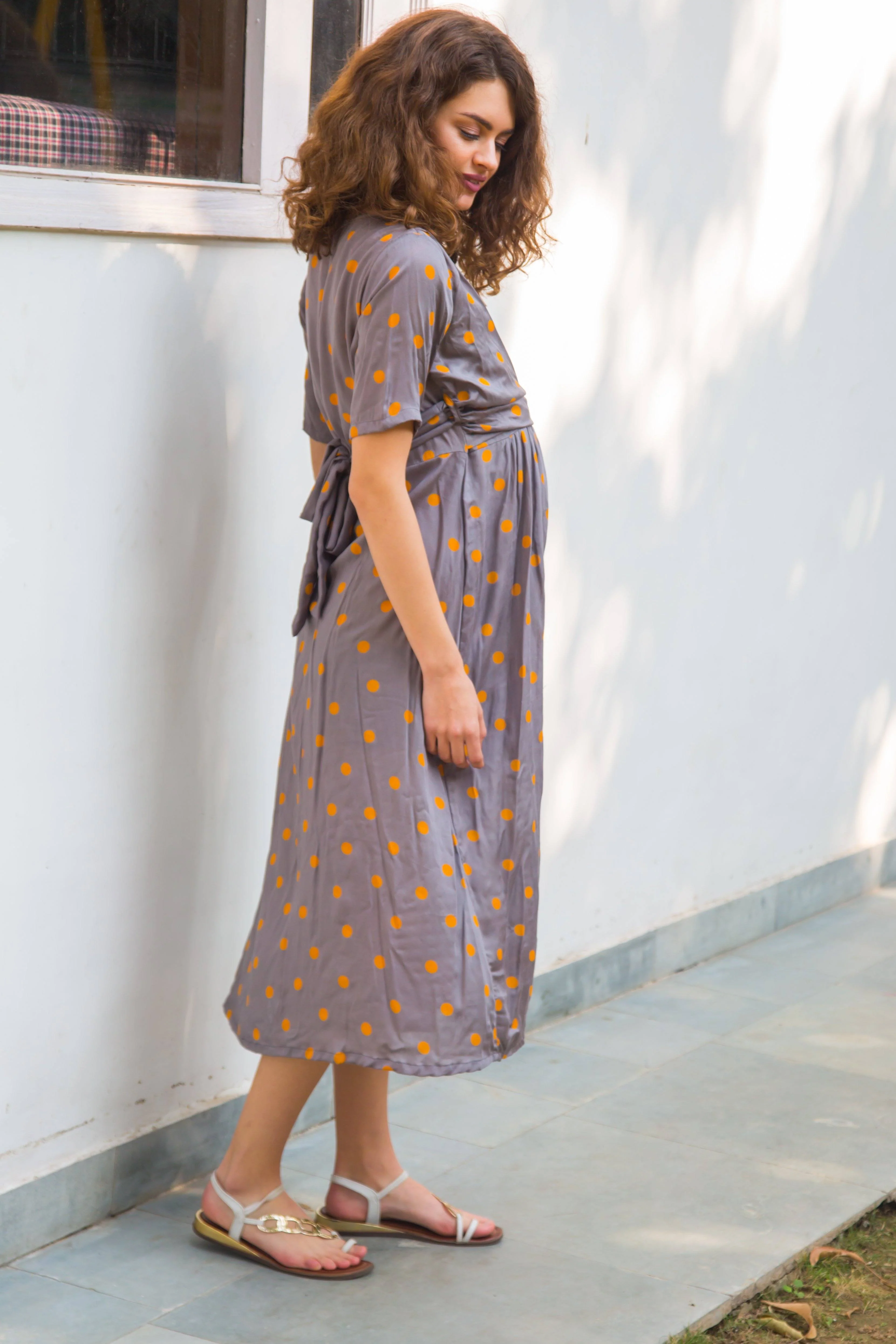 Amber Grey Polka Maternity & Nursing Wrap Midi Dress - Chenance