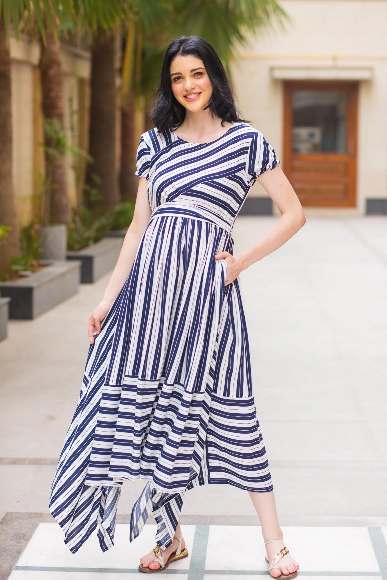 Unique Assymetrical Striped Maternity Dress - Chenance