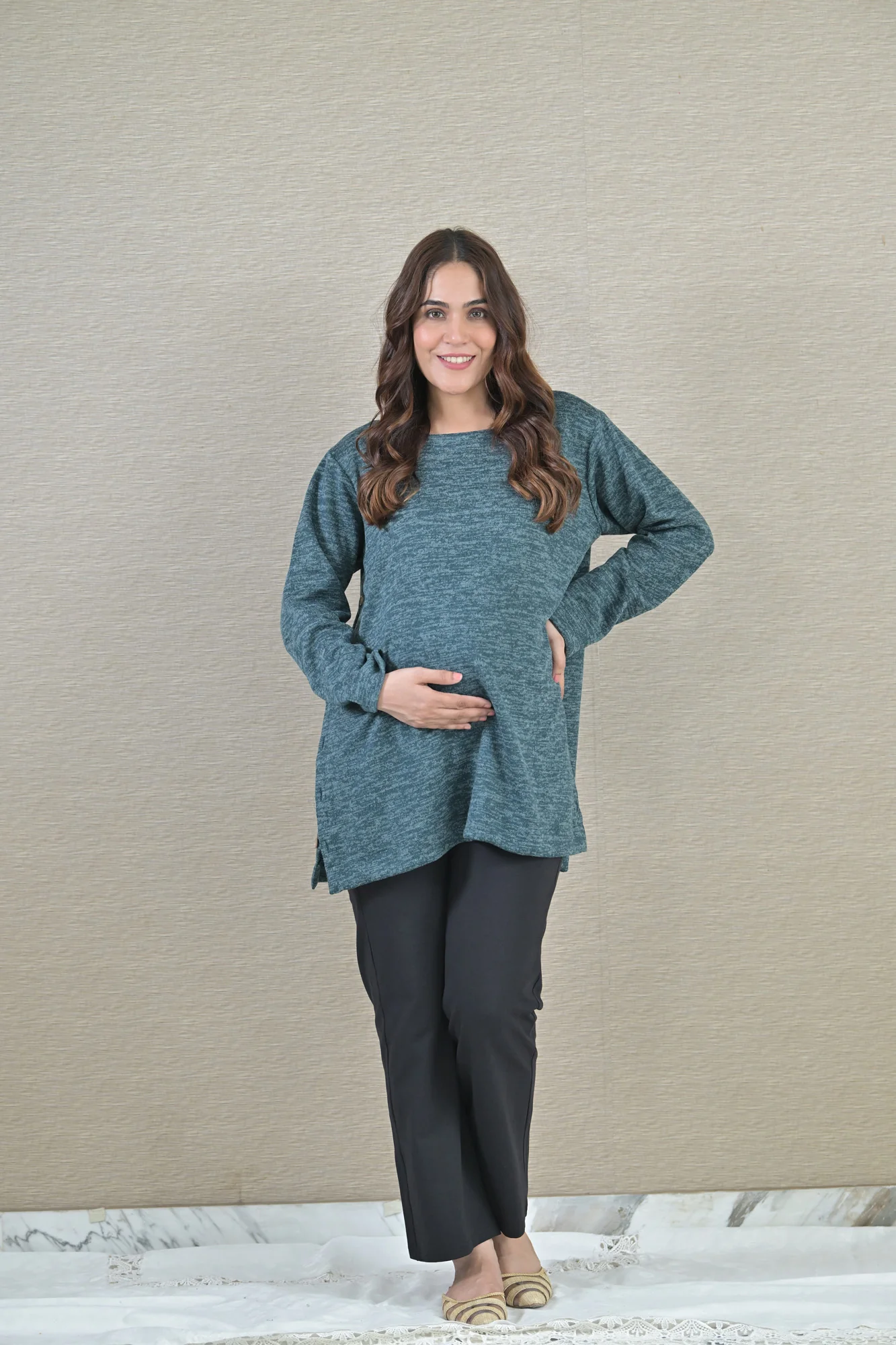 Arabian Green Maternity & Nursing Side-Slit Winter Sweater Top - Chenance