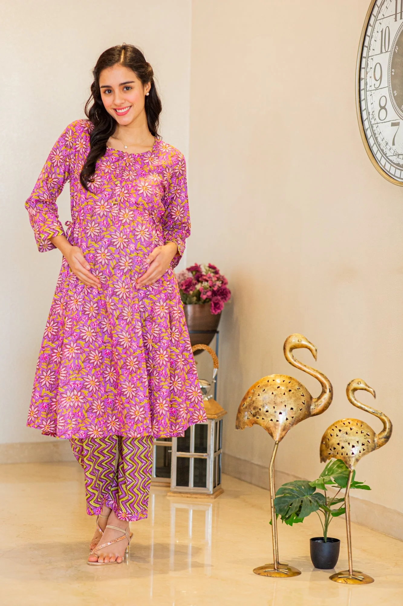 Stunning Purple Floral Maternity & Nursing Kurta Set (2pc) (100% Cotton) - Chenance