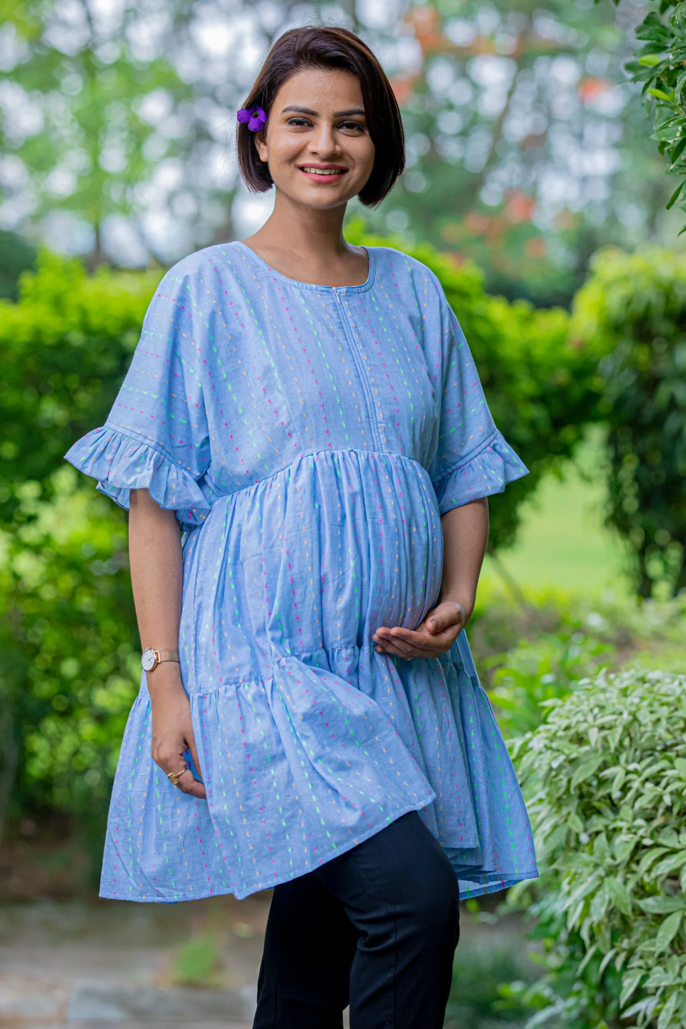 Marine Blue Layered Maternity & Nursing Top - Chenance