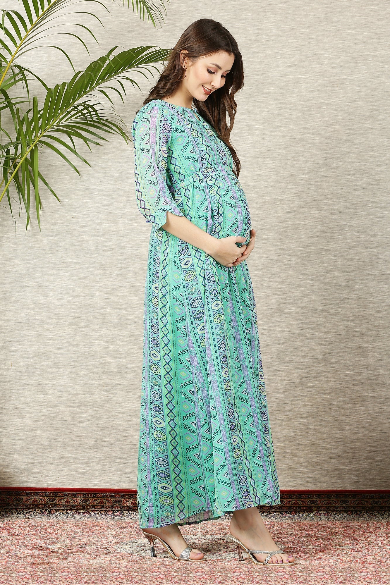 Apple Green Floral Side Slit Maternity & Nursing Dress - Chenance