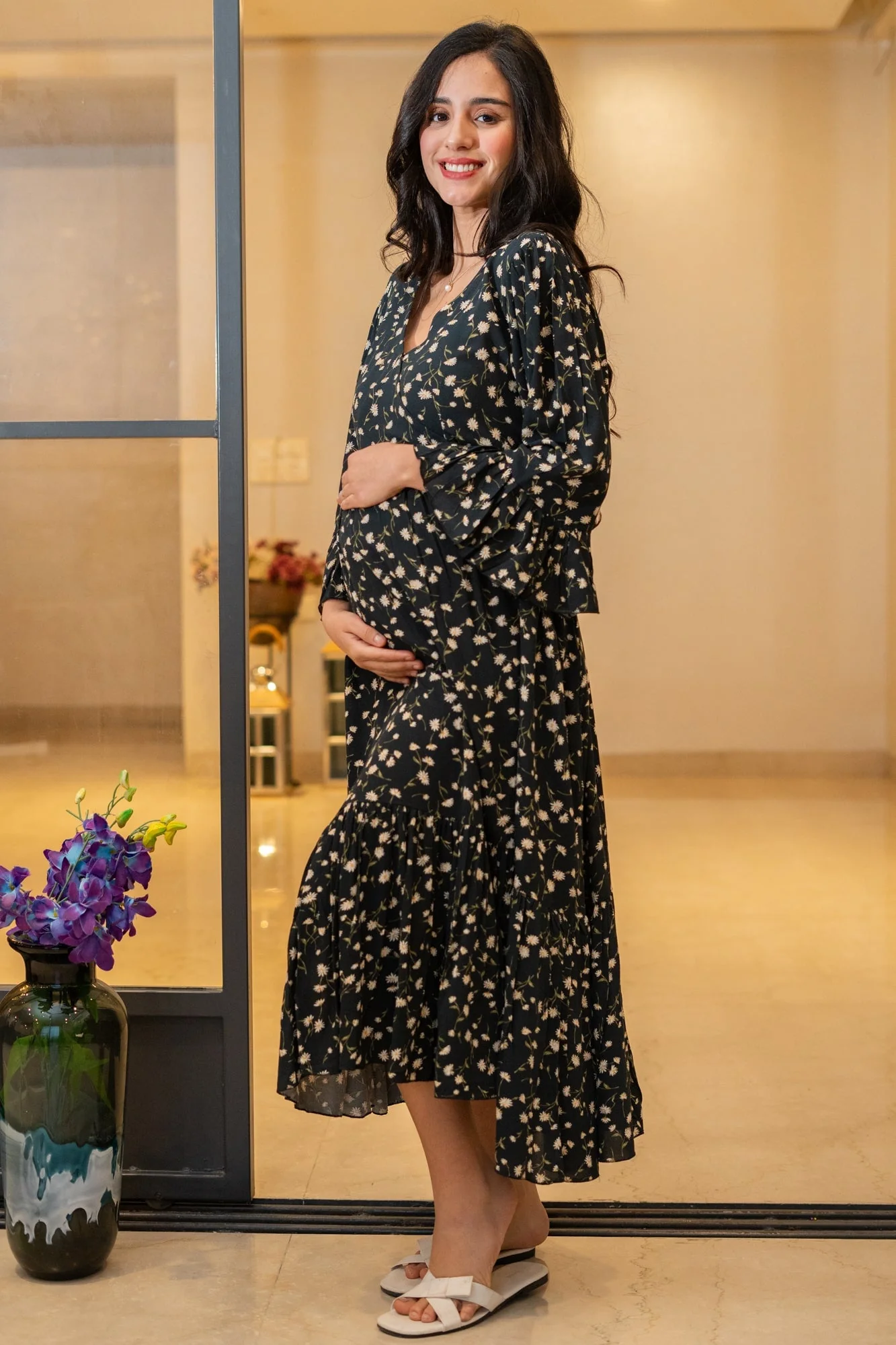 Vivacious Rich Black Floral Maternity & Nursing Midi Wrap Dress - Chenance