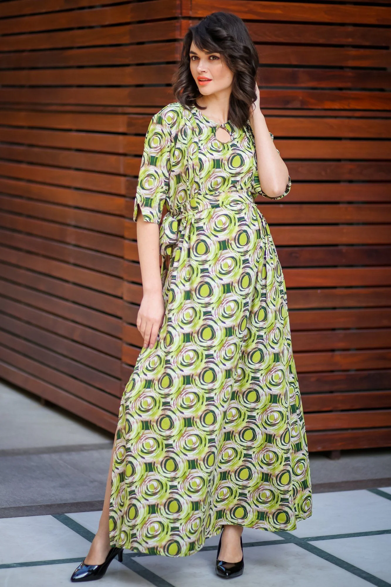 Forest Green Geo Side Slit Maternity & Feeding Dress - Chenance