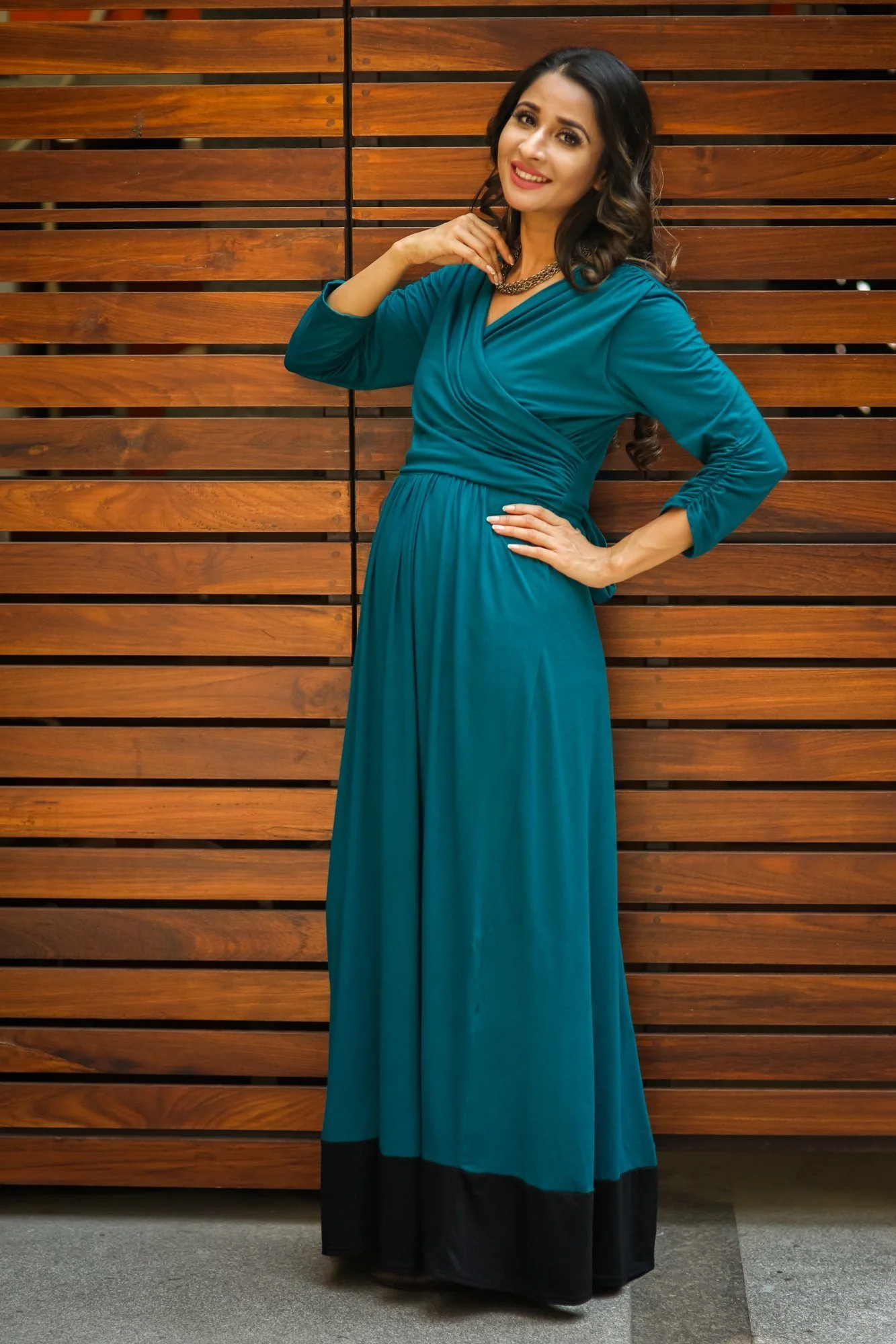 Elegant Teal Front Wrap Maternity & Nursing Dress - Chenance
