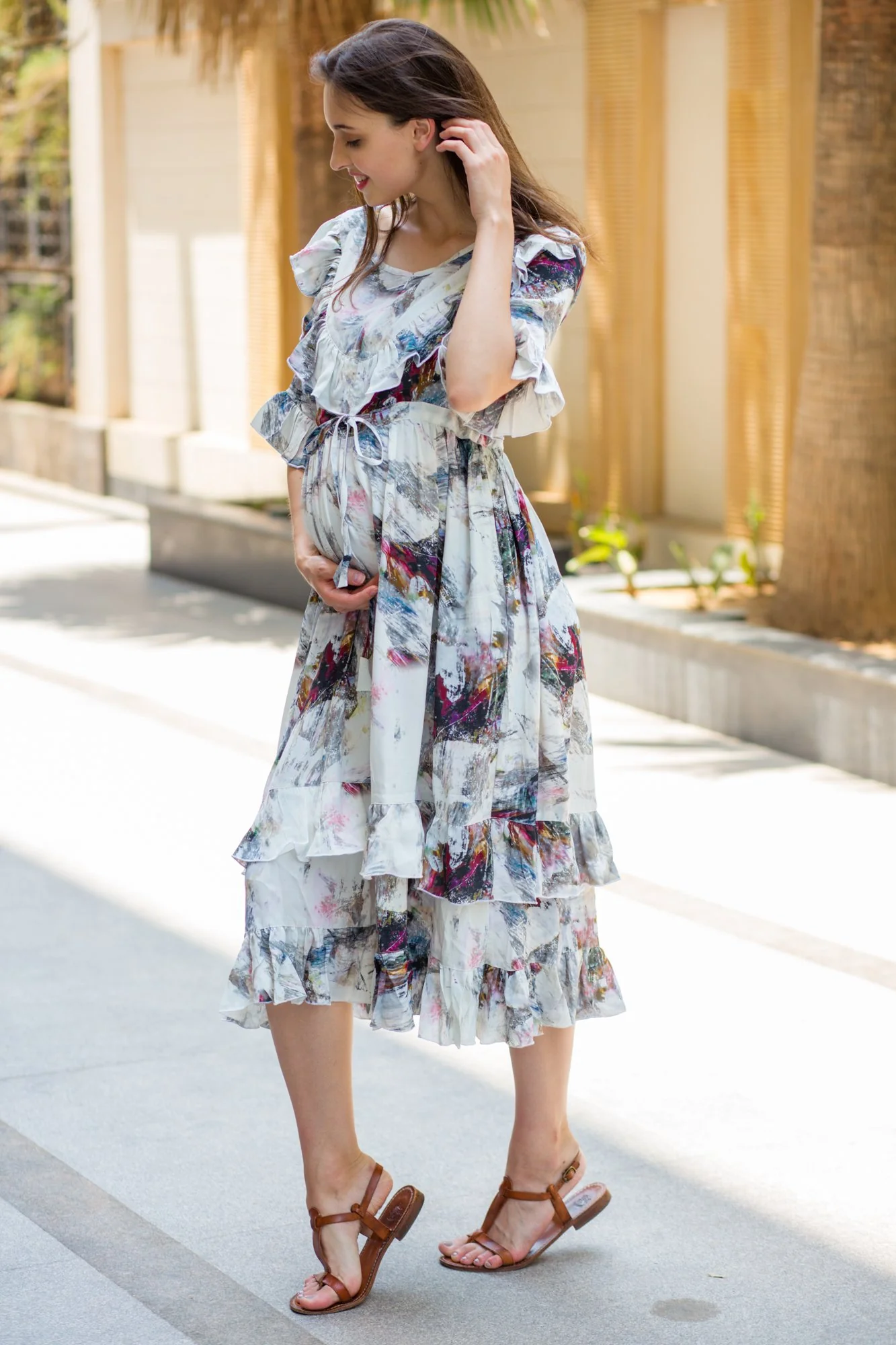 Abstract Front Frill Maternity & Nursing Midi Dress - Chenance