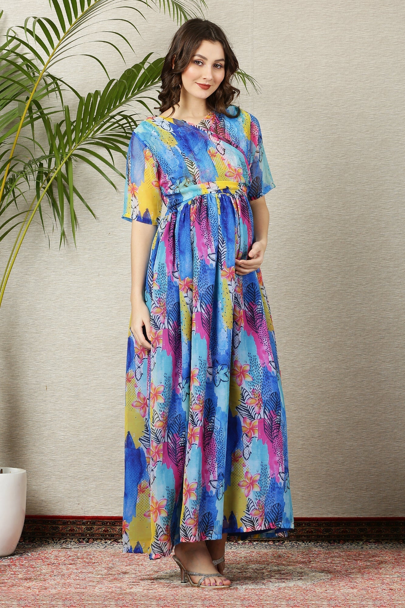 Aquamarine Blue Maternity & Nursing Chiffon Wrap Dress - Chenance