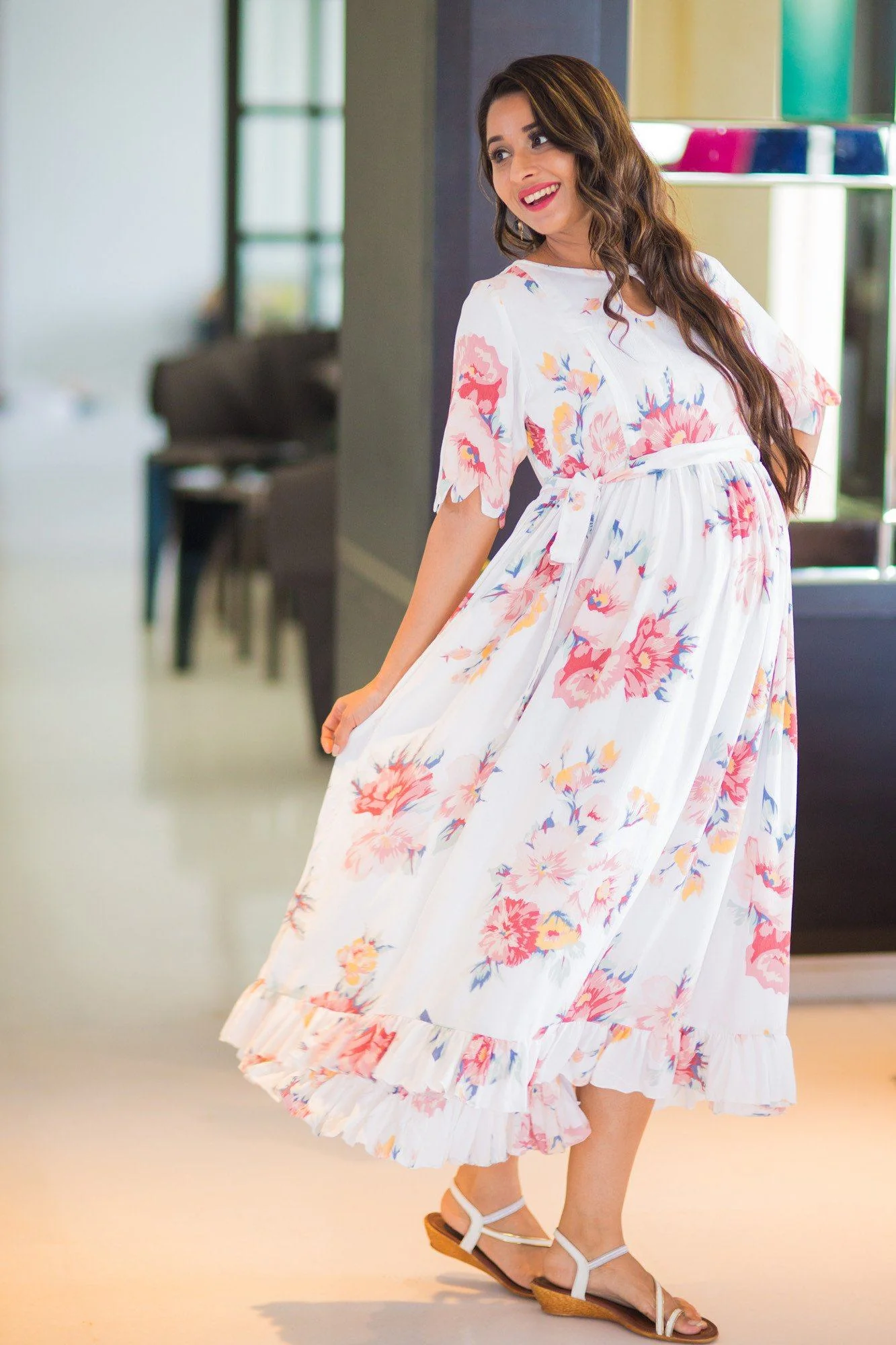 White Floral Frill Concealed Zips Nursing Dress - Chenance