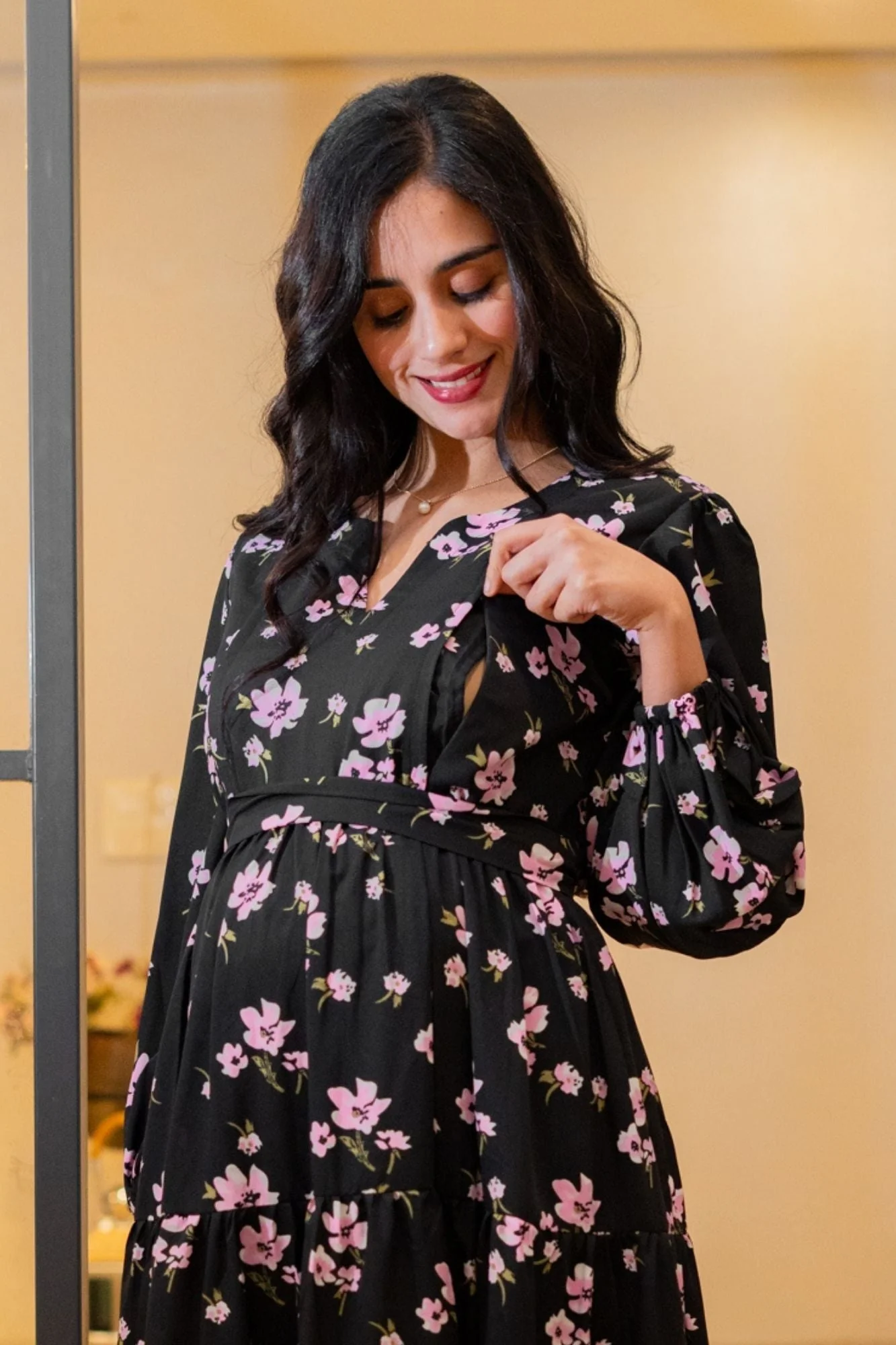 Eden Classic Black Bloom Maternity & Nursing Layered Dress - Chenance