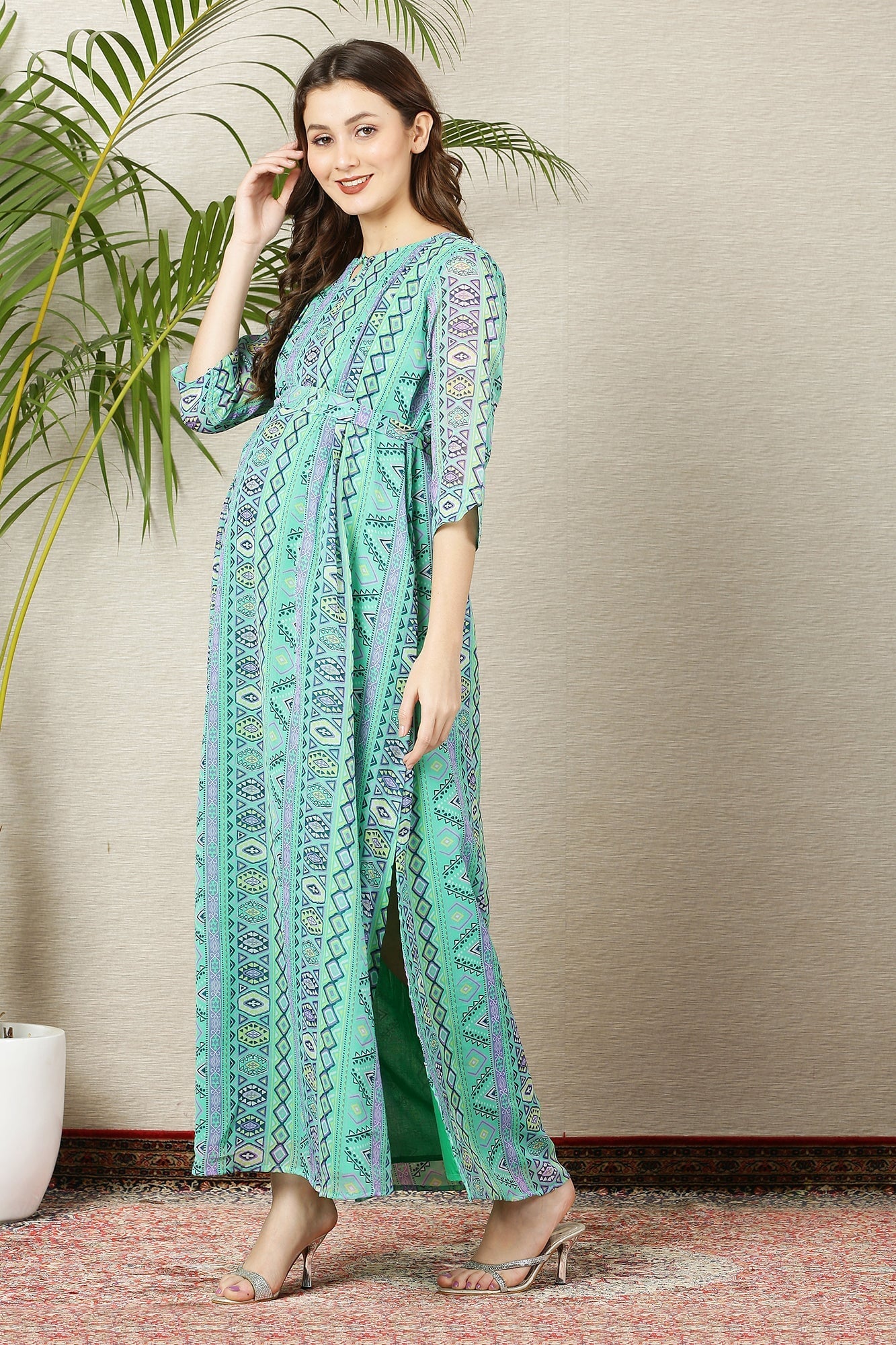 Apple Green Floral Side Slit Maternity & Nursing Dress - Chenance