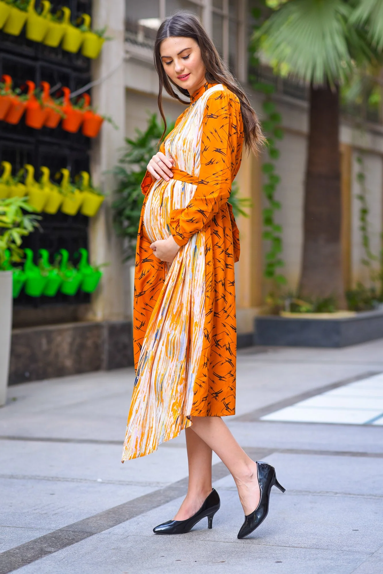 Asymmetrical Flash High Neck Maternity & Nursing Dress - Chenance