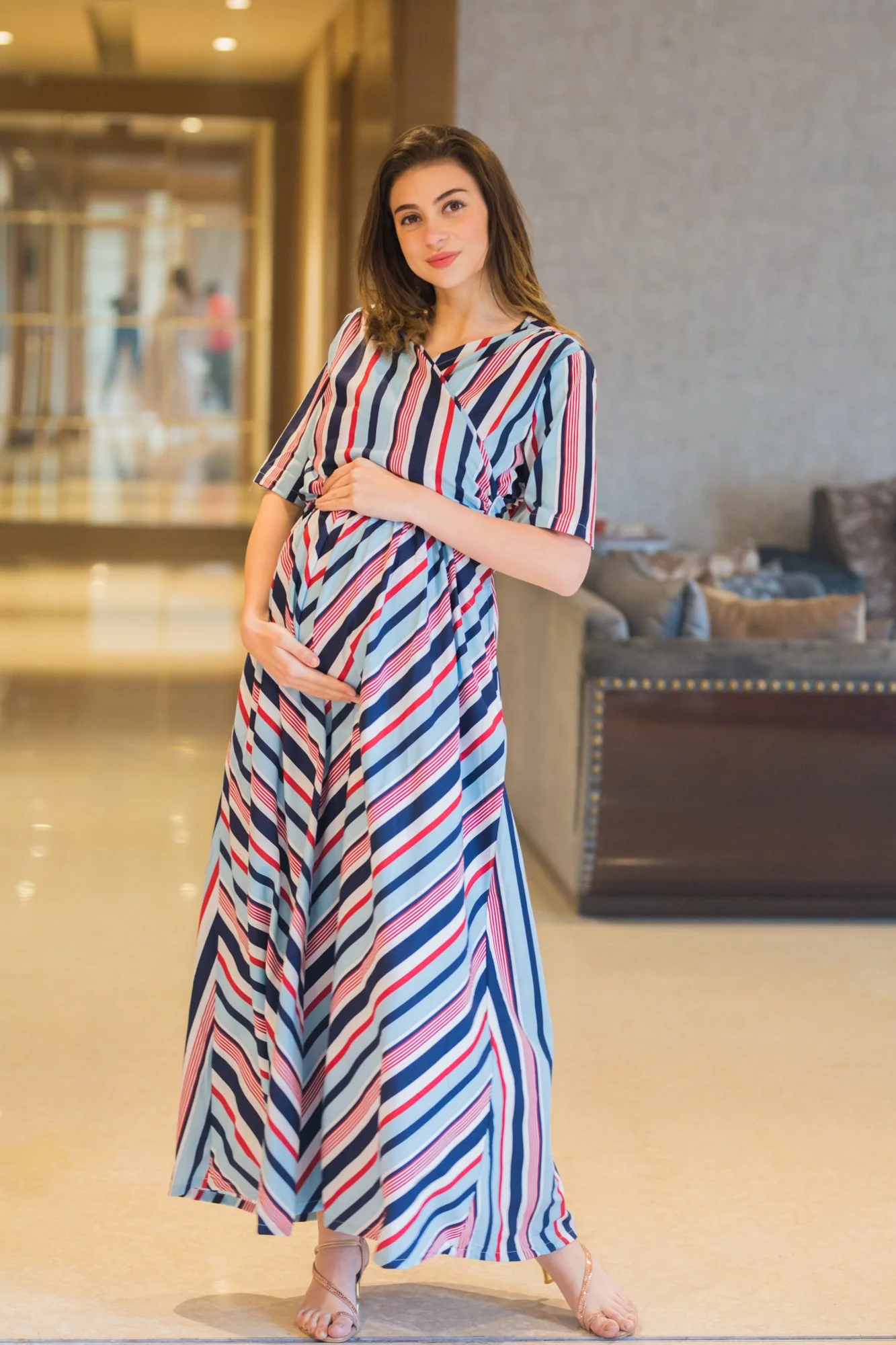 Baby Blue Striped Maternity & Nursing Wrap Dress - Chenance