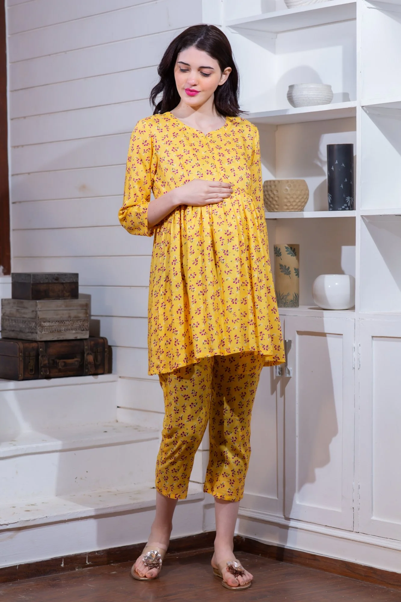 Angelic Yellow Maternity & Nursing Night Suit Set - Chenance