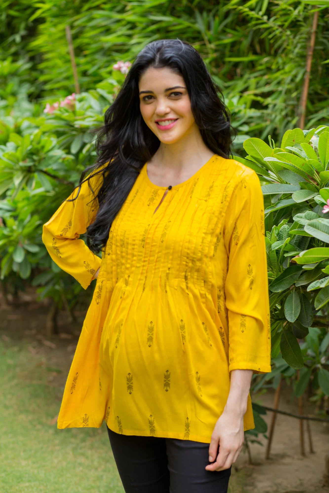 Yellow Printed Maternity & Nursing Concealed Zip Top - Chenance