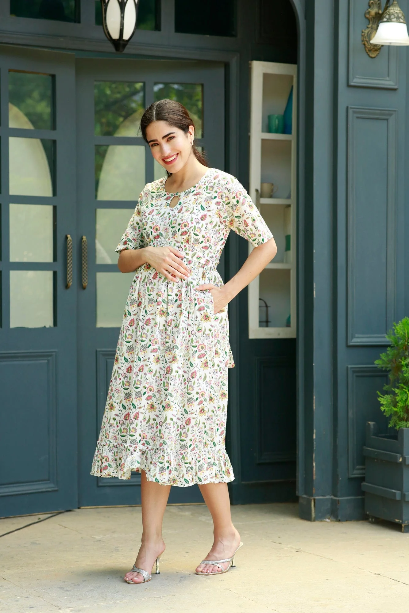 Angelic Floral Concealed Zips Maternity & Nursing Dress - Chenance