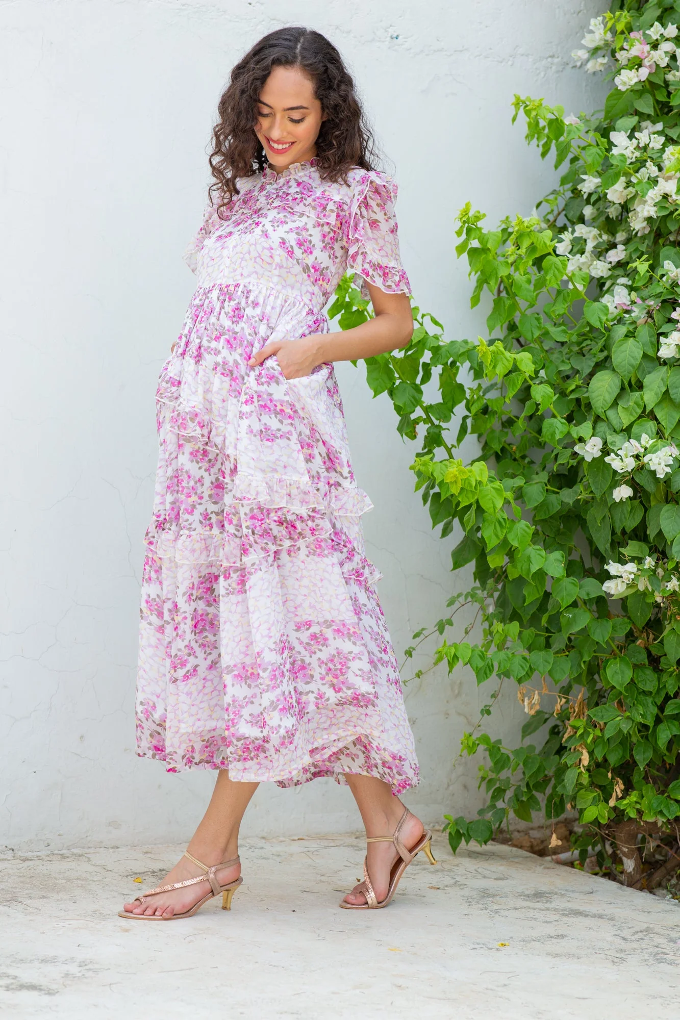 Winsome French Rose Floral Maternity & Nursing Frill Dress - Chenance