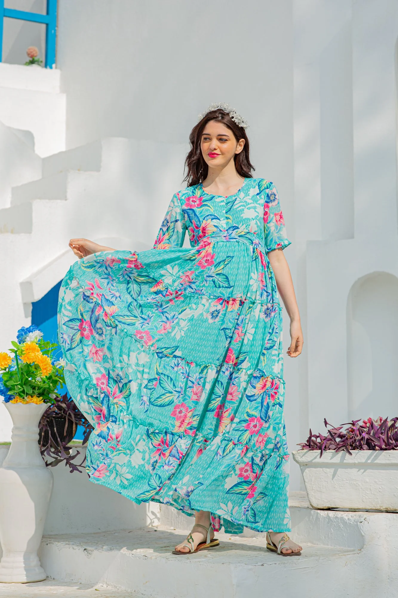 Aqua Pink Multilayer Frill Single Concealed Zip Maternity & Nursing Dress - Chenance