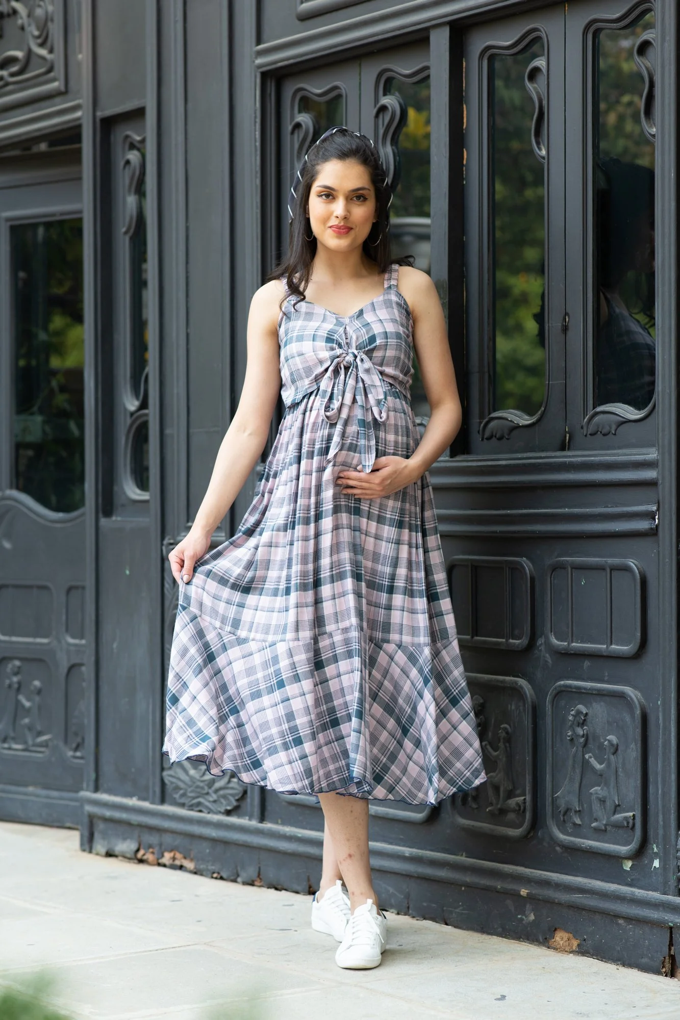 Arctic Plaid Dual Bow Maternity Dress - Chenance