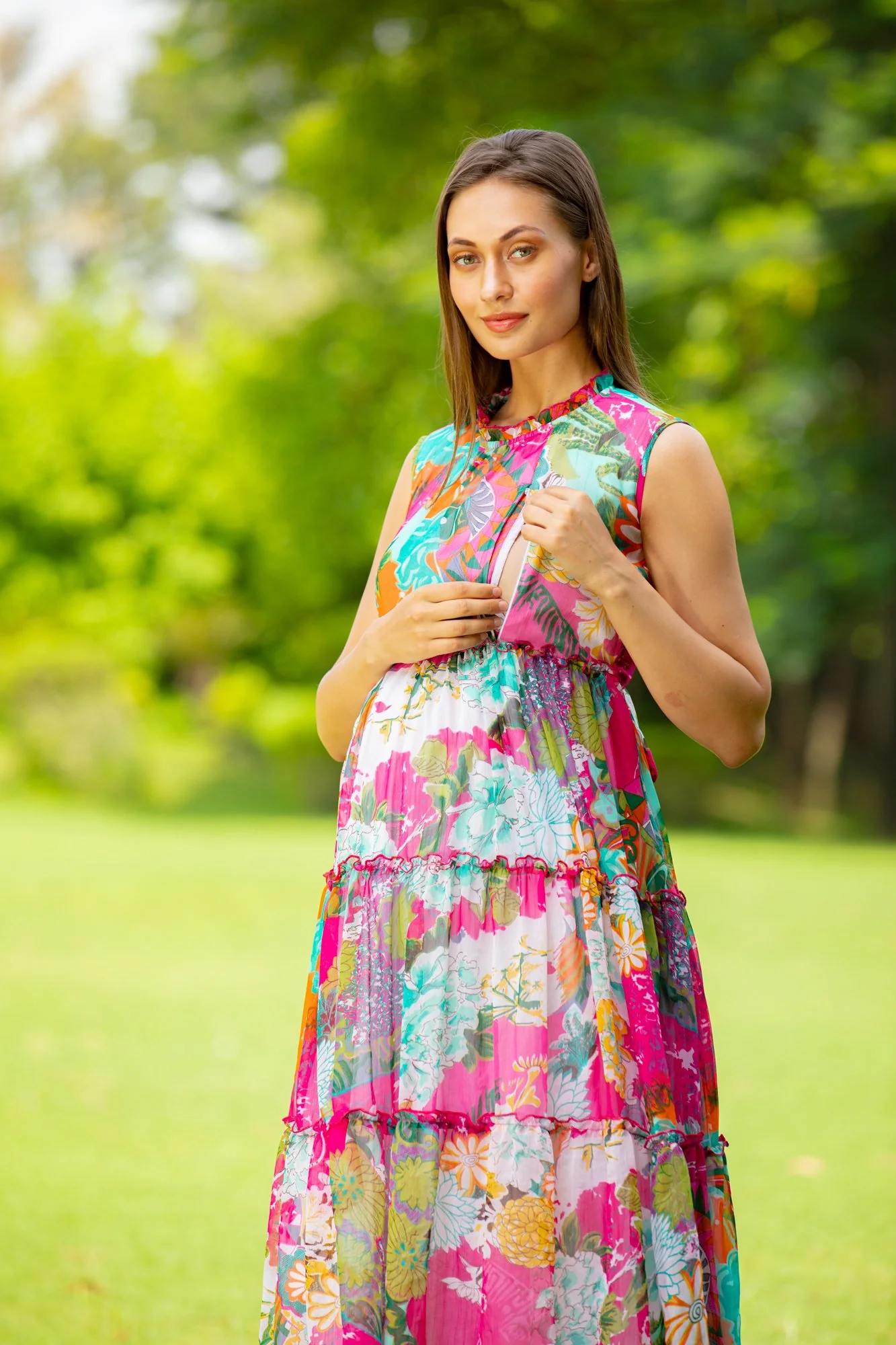Blossom Pink Maternity & Nursing Concealed Zips Frill Dress - Chenance
